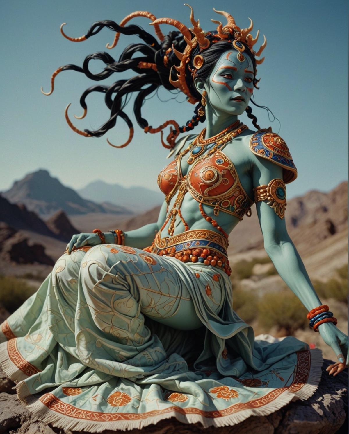 female Jinn , Kodak portra, in the style of Laocoön<lora:Shaman.safetensors:1> adrr shamanfine detail, very coherent, rich vivid colors, colorful, sunny, cool colors, exquisite color, highly decorated, fertile, very inspirational, warm light