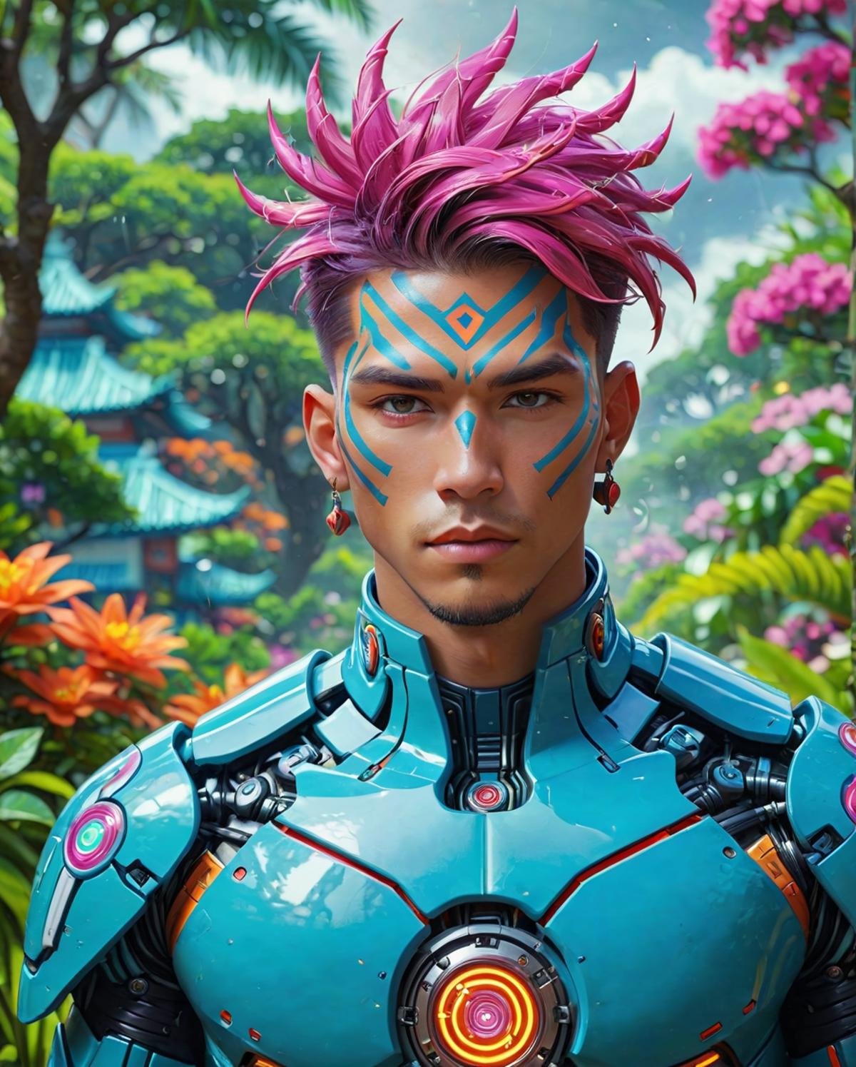 concept art, cute Male Cyborg, his hair is Two-Tone, pleasant garden in background, Hurricane, Depth of field 270mm, attractive, <lora:Shaman.safetensors:0.8> adrr shaman, full color, vivid colors, perfect symmetry, confident, dynamic background, rich deep colors, cool colors, highly intricate