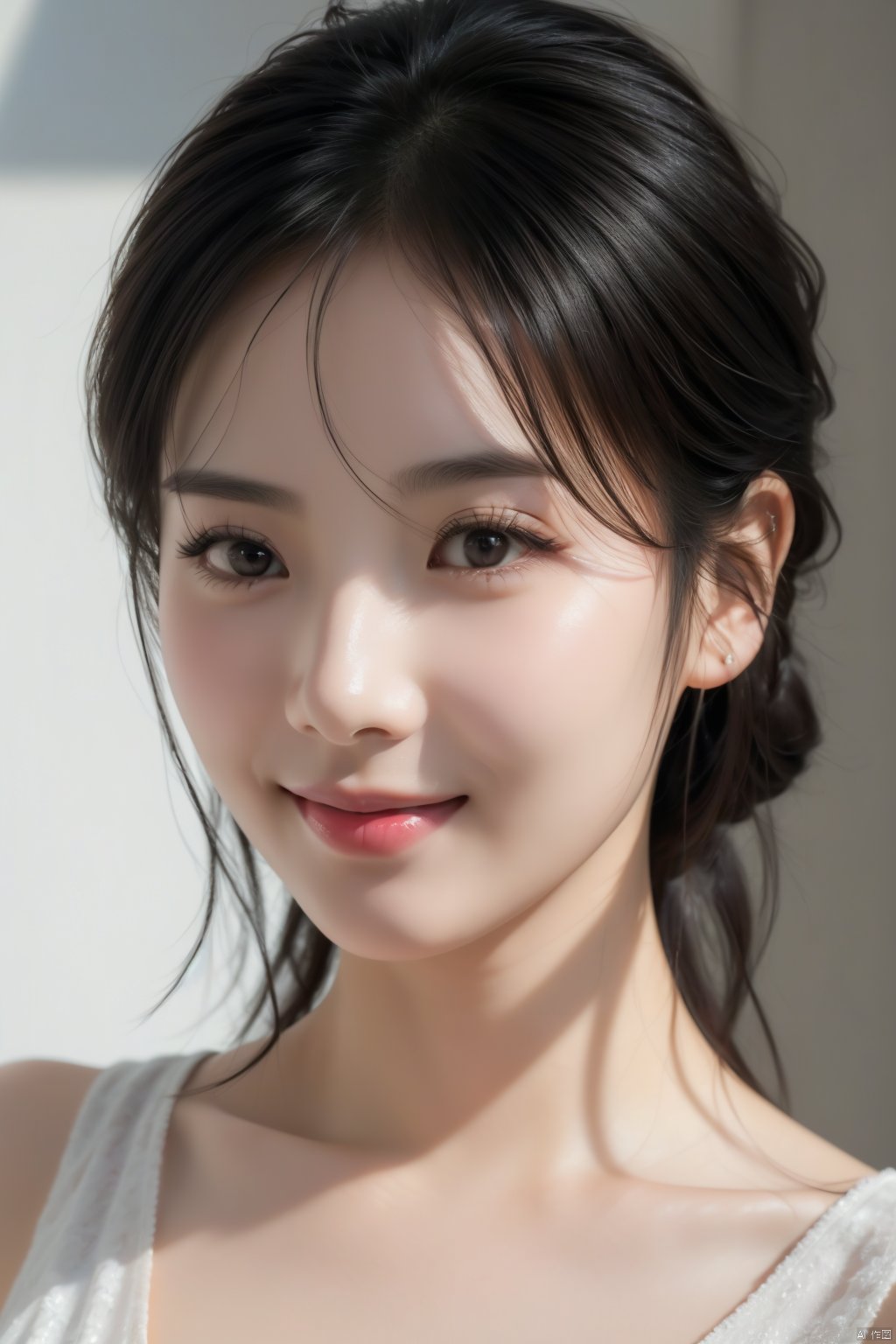 (masterpiece, best quality, high resolution),1 chinese girl,black hair,beautiful detailed eyes,cinematic angle,soft light,extremely detailed face,long eyelashes,skin details,light smile,looking at viewer,light and shadow details,
