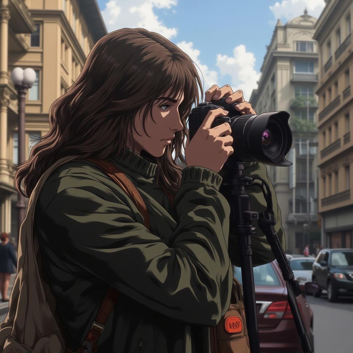 A egmid photographer on a city street with a camera, capturing a moment in motion, extremely detailed, High quality, detailed face