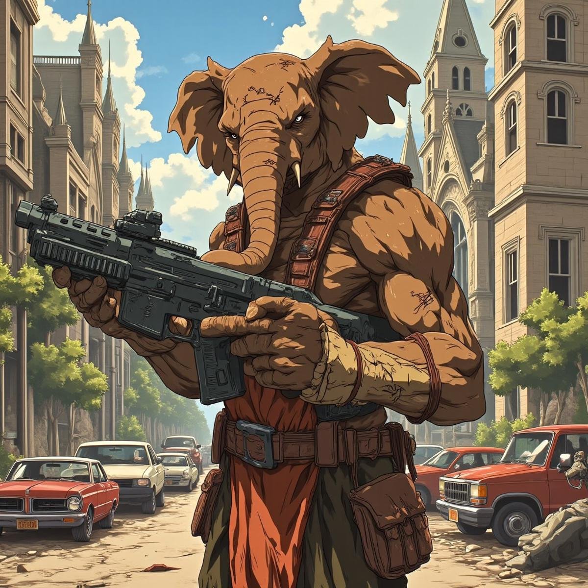 A anthropomorphic elephant warrior, holding a futuristic weapon, standing in front of a destroyed church, battle scars, scratches, heroic pose, menacing look, pouches, egmid, bandages, abandon vehicles on the road