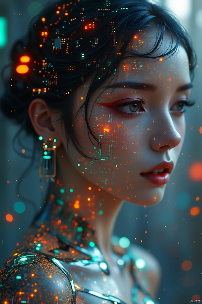 Chinese aesthetics, portrait photography, Chinese portraits, asian girl,
Chinese portrait, Chinese girl, a charming Chinese woman, portrait science fiction photo, direct view, close-up, half body, 135mm, aperture 1.4, wearing a mechanical dress, the whole body is projected by the circuit board to create light interaction with the skin, projected space circuit matrix , circuit style image, a large number of extremely small circuit symbols superimposed layer by layer, the circuit is completely random, forming a full-screen matrix, depth of field circuit blur effect.