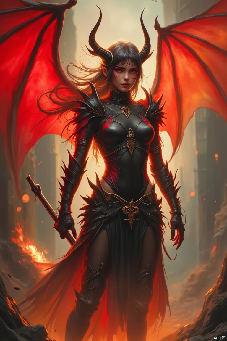 Best quality, best illustration, dark fantasy setting, beautiful female demon, spiked accessories, tight battle suit, red eyes, flaming demon wings, sharp horns, holding flaming sword, casting shadow, standing in ruins on, red and orange color palette, supernatural power, dynamic lighting, depth of field, best shadows, stable diffusion model, sparkling