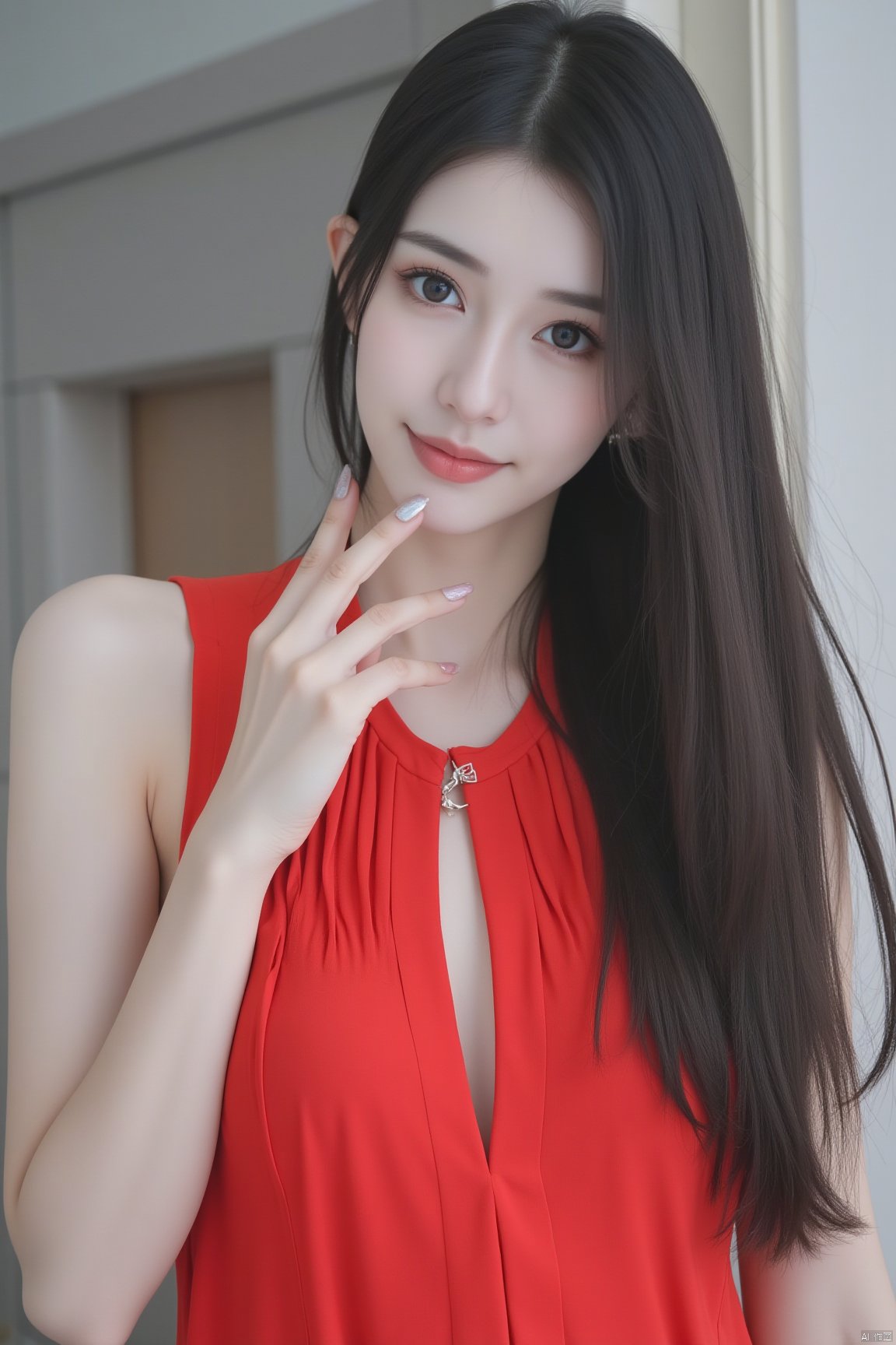 Chinese aesthetics, portrait photography, Chinese portraits, asian girl,
An oriental beauty, with long hair falling like a waterfall to her waist, and eyes as clear as autumn water. She was wearing a red sleeveless dress, and her left hand caressed the necklace around her neck. Her right hand drooped naturally, and her fingertips shone with silver light. The backdrop is a soft gray wall set against a white ceiling.