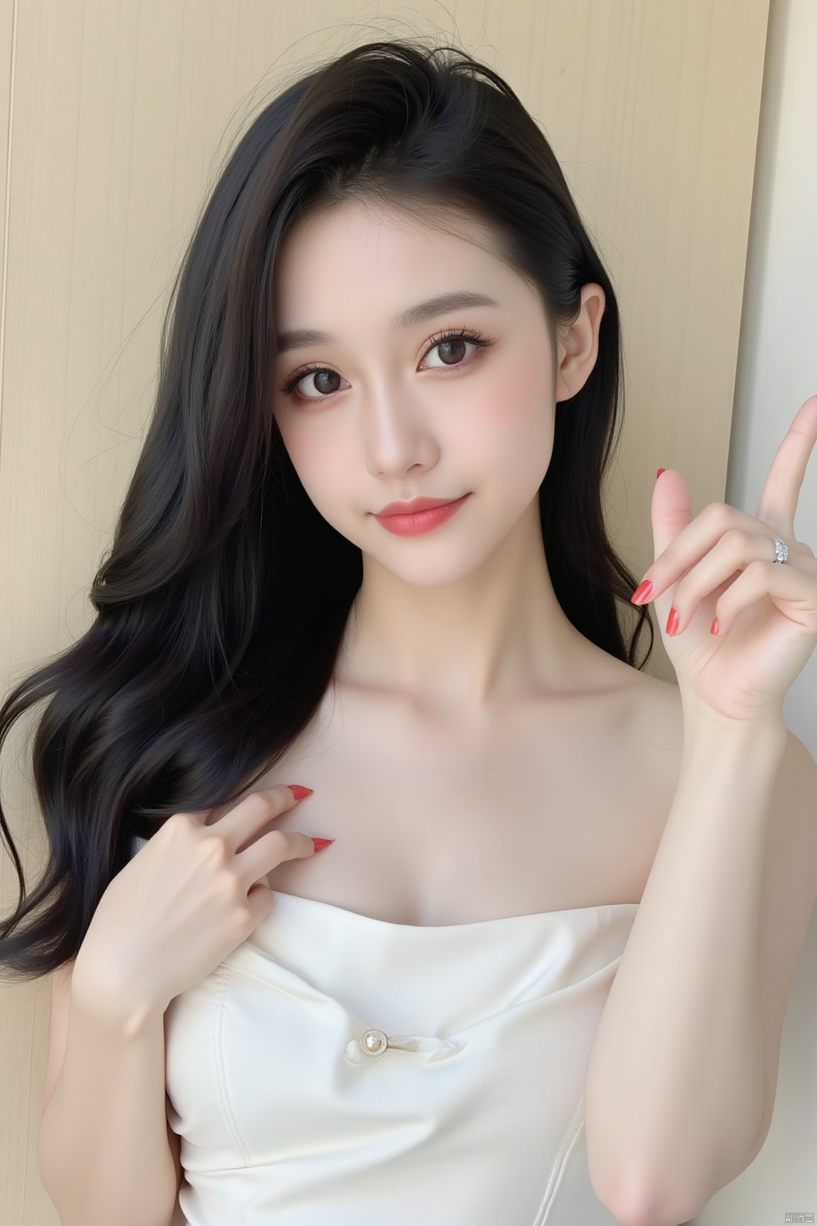 Chinese aesthetics, portrait photography, Chinese portraits, asian girl,
a young Asian woman with long black hair and brown eyes is stunning. She is wearing a white strapless dress, adorned with a silver ring on her right hand. Her left hand is raised in the air, adding a pop of color to the scene. The backdrop is a creamy beige wall, with a white ceiling.