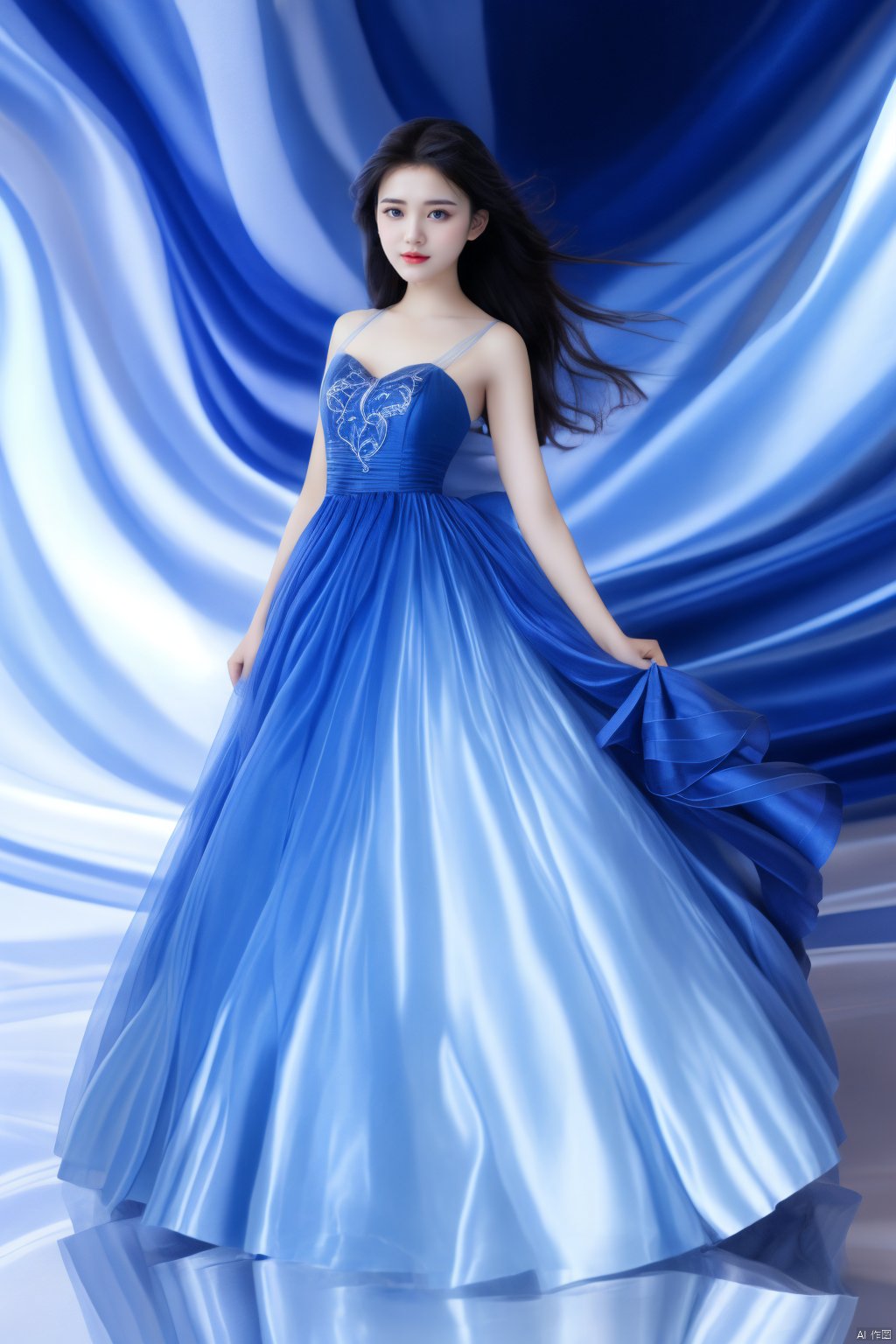 HD, best quality, 8K,1girl, keaiqunzi, big breasts, blue flowing long dress,