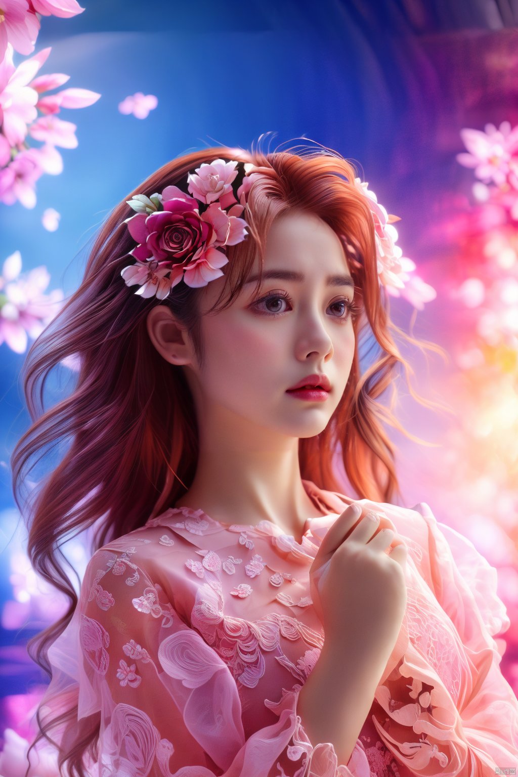 HD, best quality, 8K,1girl, keaiqunzi, big breasts,1girl,Extremely detailed facial features,full body,solo,melancholic,melancholy,nostalgic,a sense of solitude,petals,Surrealistic imagery,dreamlike atmosphere,vibrant and contrasting colors,intricate and detailed elements,