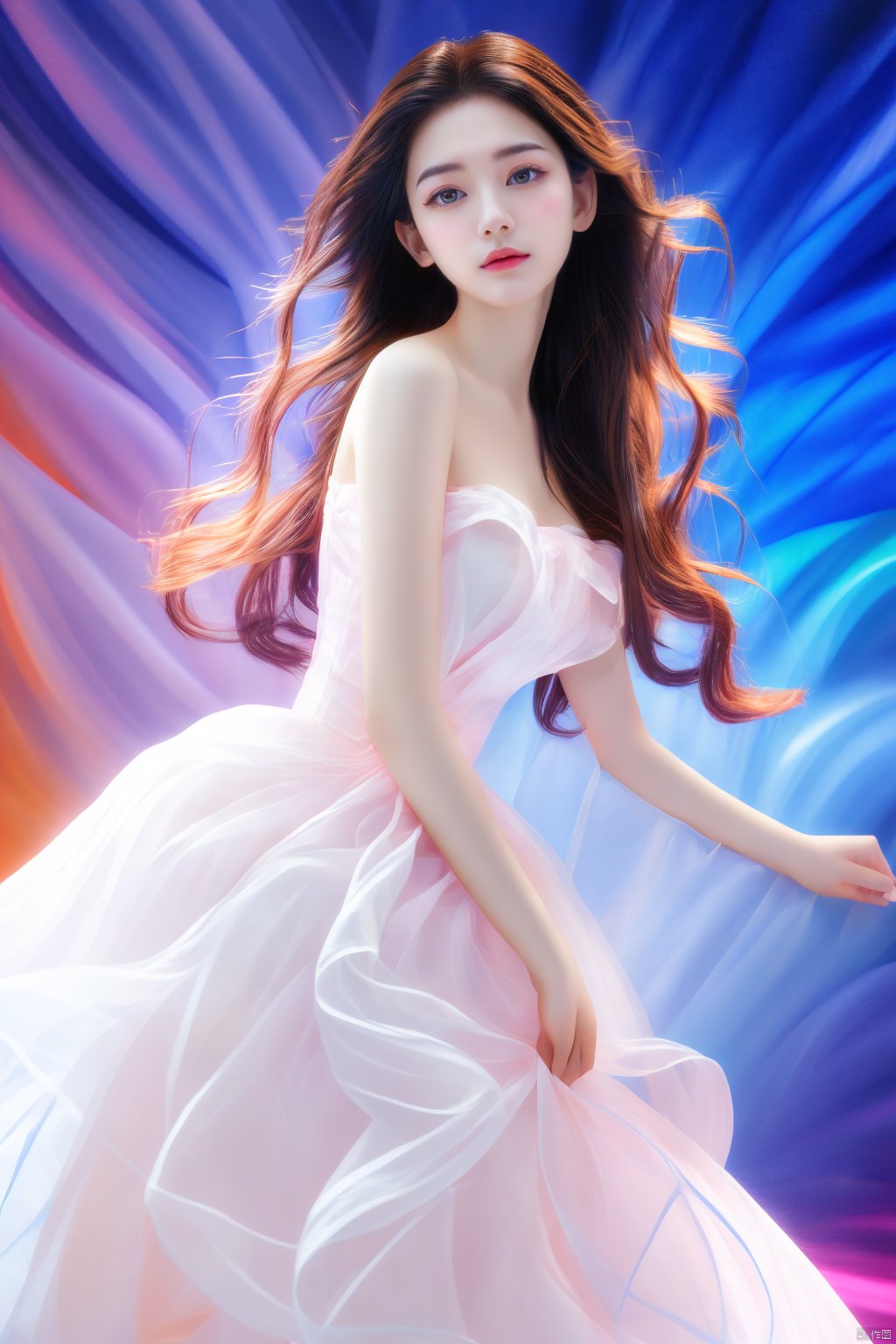 HD, best quality, 8K,1girl, keaiqunzi, big breasts, stars in the sky, fluorescent art, super-realistic girl photography from fairy tales, long flowing hair, exquisite facial features, peaceful expression, flowing long skirt, one-shoulder long skirt , starry headband, rainbow background, the artist uses impasto and cream landscape portrait style on the photo, blending Chinese meticulous painting and modern dopamine art to present a unique magazine style