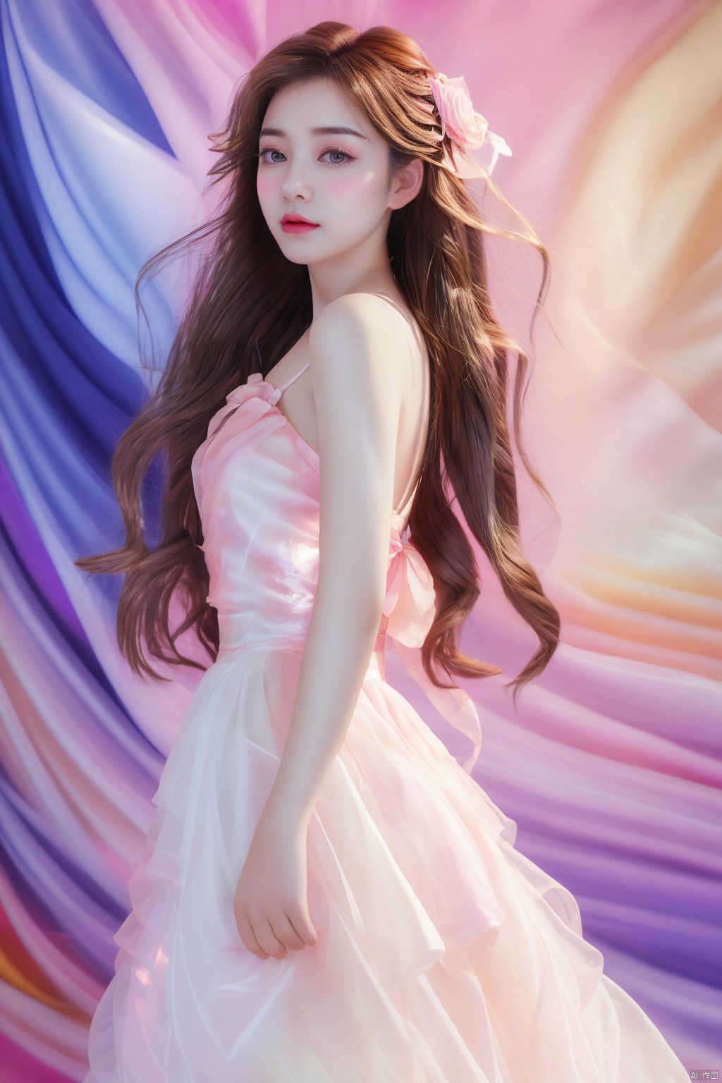 HD, best quality, 8K,1girl, keaiqunzi, big breasts, stars in the sky, fluorescent art, super-realistic girl photography from fairy tales, long flowing hair, exquisite facial features, peaceful expression, flowing long skirt, one-shoulder long skirt , starry headband, rainbow background, the artist uses impasto and cream landscape portrait style on the photo, blending Chinese meticulous painting and modern dopamine art to present a unique magazine style