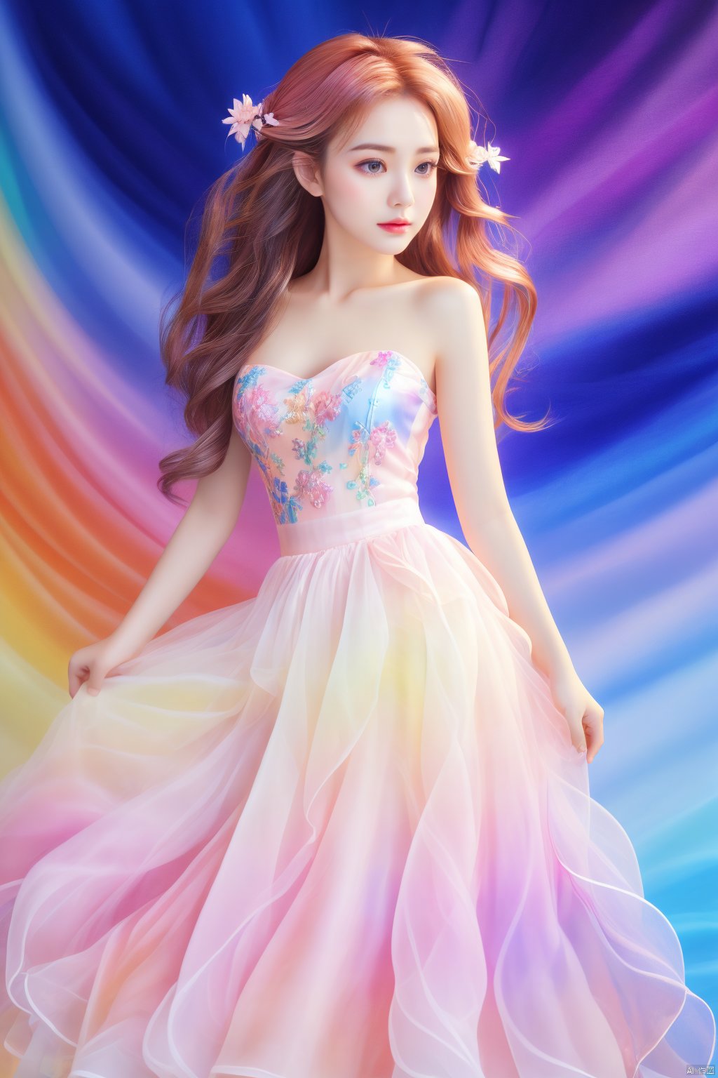 HD, best quality, 8K,1girl, keaiqunzi, big breasts, stars in the sky, fluorescent art, super-realistic girl photography from fairy tales, long flowing hair, exquisite facial features, peaceful expression, flowing long skirt, one-shoulder long skirt , starry headband, rainbow background, the artist uses impasto and cream landscape portrait style on the photo, blending Chinese meticulous painting and modern dopamine art to present a unique magazine style