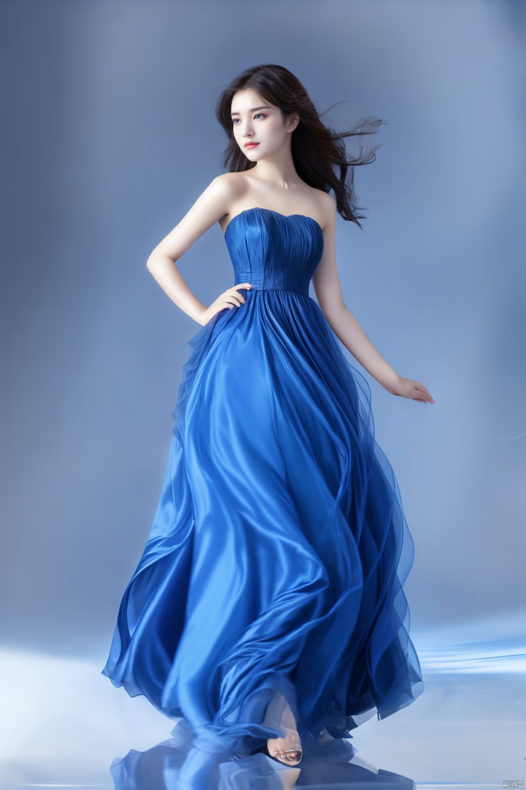 HD, best quality, 8K,1girl, keaiqunzi, big breasts, blue flowing long dress,