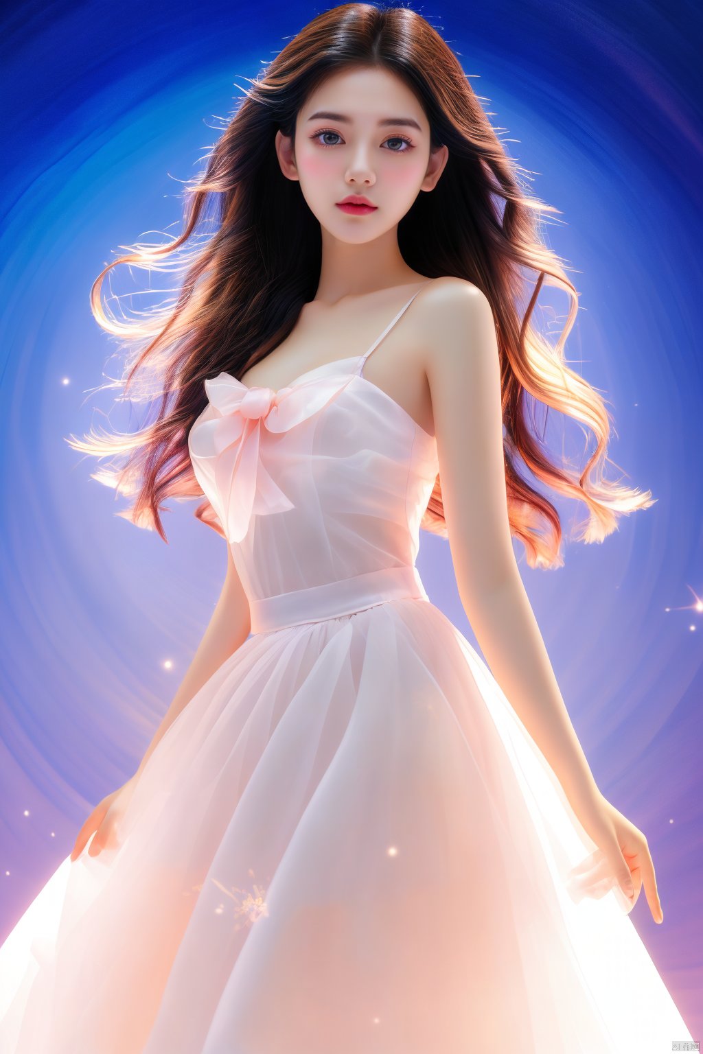 HD, best quality, 8K,1girl, keaiqunzi, big breasts, stars in the sky, fluorescent art, super-realistic girl photography from fairy tales, long flowing hair, exquisite facial features, peaceful expression, flowing long skirt, one-shoulder long skirt , starry headband, rainbow background, the artist uses impasto and cream landscape portrait style on the photo, blending Chinese meticulous painting and modern dopamine art to present a unique magazine style