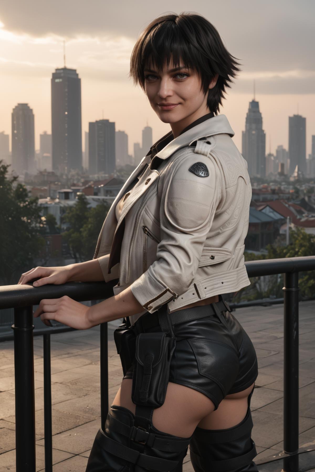 detailed realistic photo, score_9, score_8_up, score_7_up, score_6_up, score_5_up, score_4_up, <lora:LadyDMC5Screens_t3-000013-128:1.0> 1girl, DMCLady, short hair, black hair, heterochromia, dynamic angle, white jacket, belt pouch, chaps, black shorts, seductive pose, smirk, from behind, ass, leaning on railing, city park, darkness, moody lighting, backlit, rim lighting, sunrise, balcony