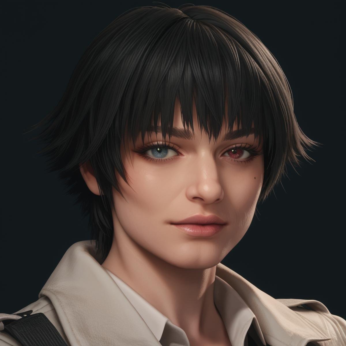 detailed realistic photo, score_9, score_8_up, score_7_up, score_6_up, score_5_up, score_4_up, <lora:LadyDMC5Screens_t3-000013-128:1.0> 1girl, DMCLady, short hair, black hair, heterochromia, simple background, close-up, looking at viewer, mature