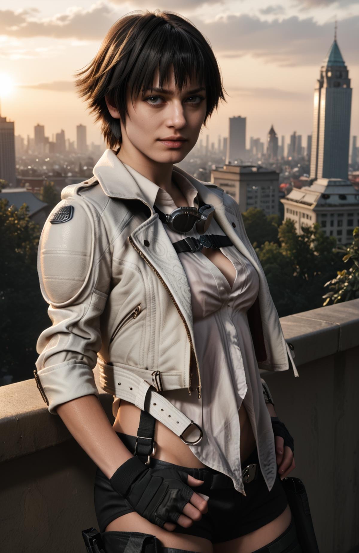 detailed realistic photo, score_9, score_8_up, score_7_up, score_6_up, score_5_up, score_4_up, <lora:LadyDMC5Screens_t3-000013-128:1.0> 1girl, DMCLady, short hair, black hair, heterochromia, dynamic angle, white jacket, belt pouch, chaps, black shorts, hands on hips, goggles around neck, shirt, cleavage, large breasts, fingerless gloves, city park, darkness, moody lighting, backlit, rim lighting, sunrise, balcony, vista, great view