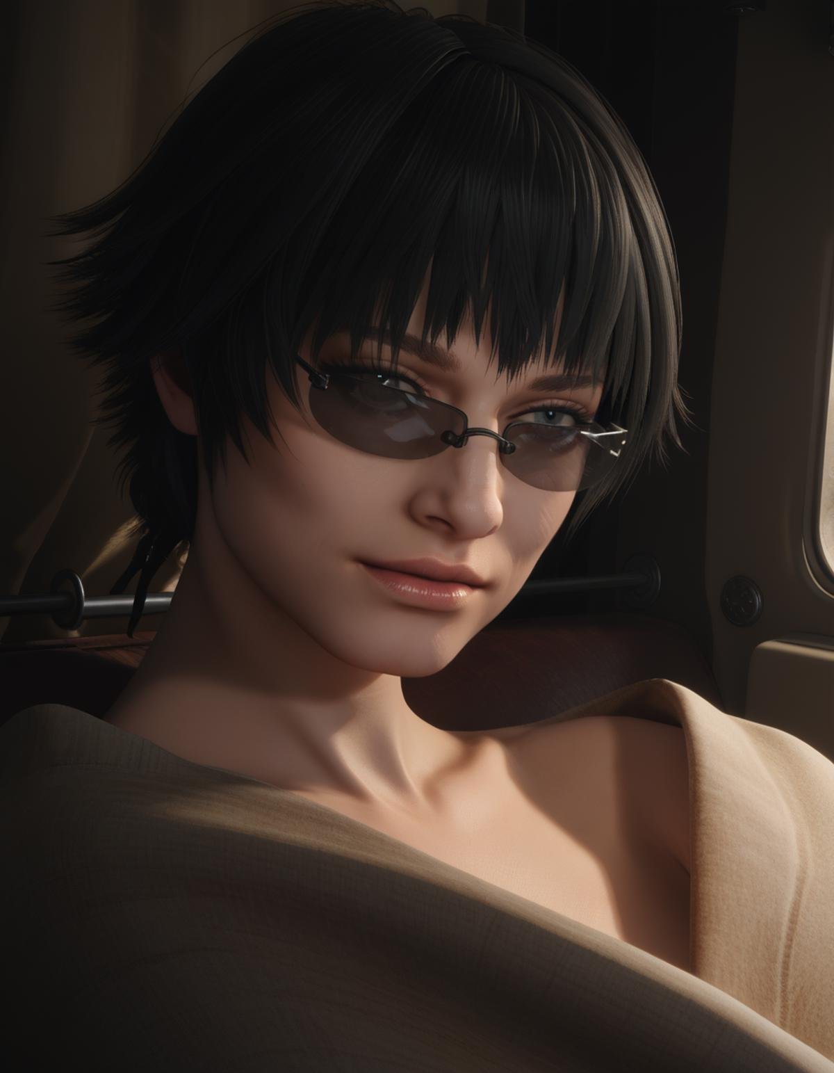 detailed realistic photo, score_9, score_8_up, score_7_up, score_6_up, score_5_up, score_4_up, <lora:LadyDMC5Screens_t3-000013-128:1.0> 1girl, DMCLady, short black hair, heterochromia, wearing a blanket, sunglasses, close-up, dynamic angle, nude, mature, in a van, darkness, moody lighting, at night, backlit, rim lighting