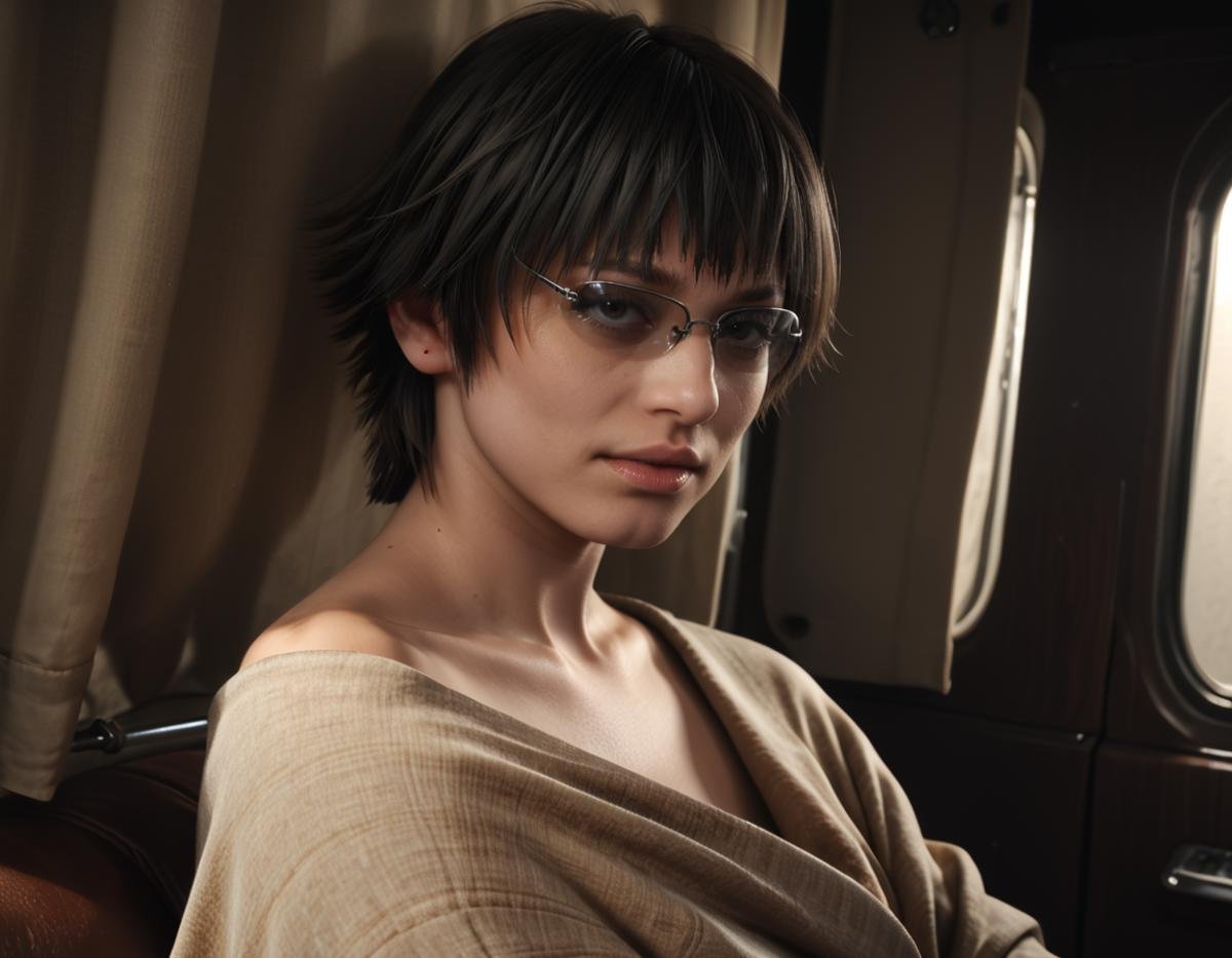 detailed realistic photo, score_9, score_8_up, score_7_up, score_6_up, score_5_up, score_4_up, <lora:LadyDMC5Screens_t3-000013-128:1.0> 1girl, DMCLady, short black hair, heterochromia, wearing a blanket, sunglasses, close-up, dynamic angle, nude, from below, from side, in a van, darkness, moody lighting, at night, backlit, rim lighting