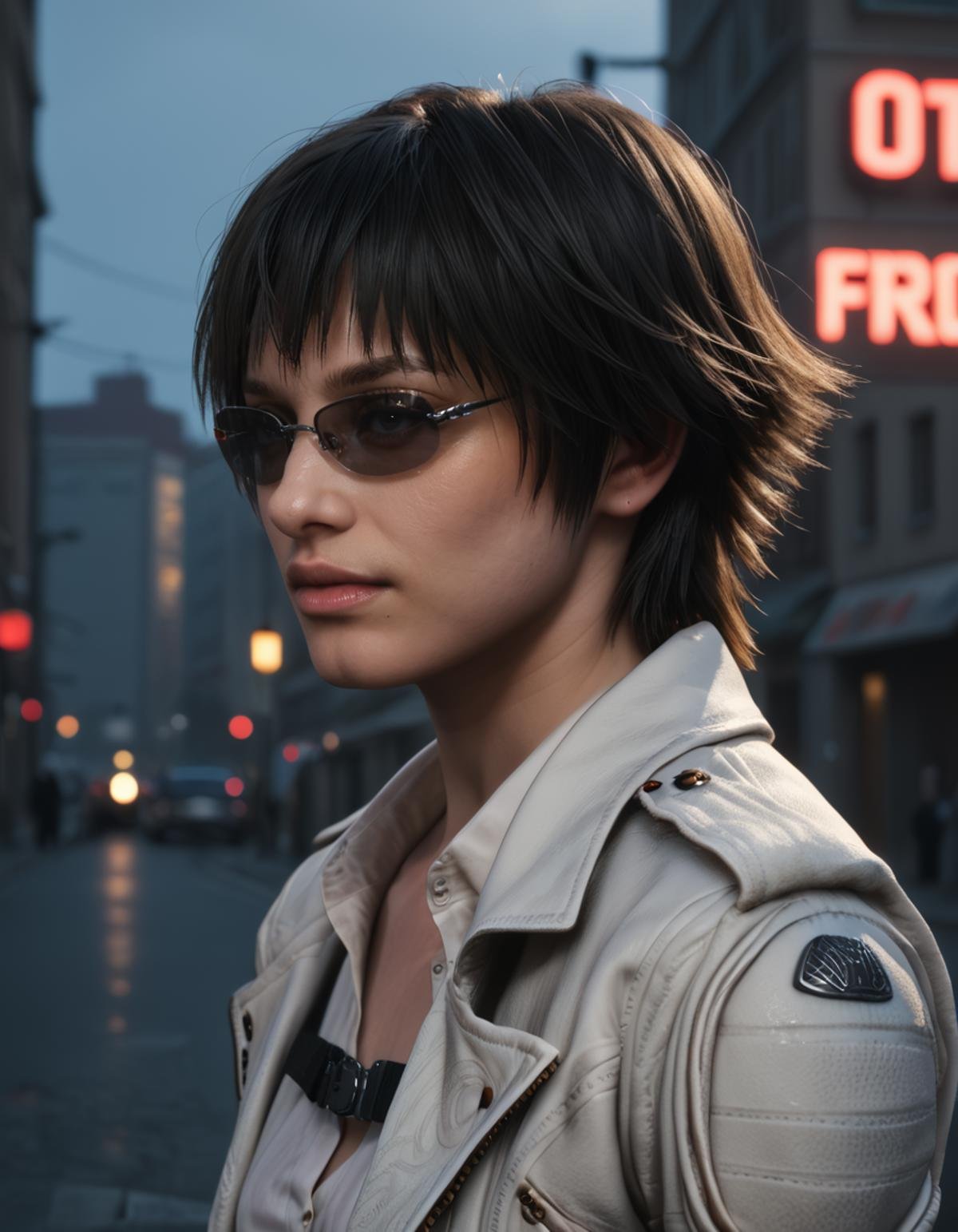 detailed realistic photo, score_9, score_8_up, score_7_up, score_6_up, score_5_up, score_4_up, <lora:LadyDMC5Screens_t3-000013-128:1.0> 1girl, DMCLady, short black hair, heterochromia, sunglasses, jacket, close-up, from side, dynamic angle, solo, outside, darkness, moody lighting, backlit, rim lighting, city, at night