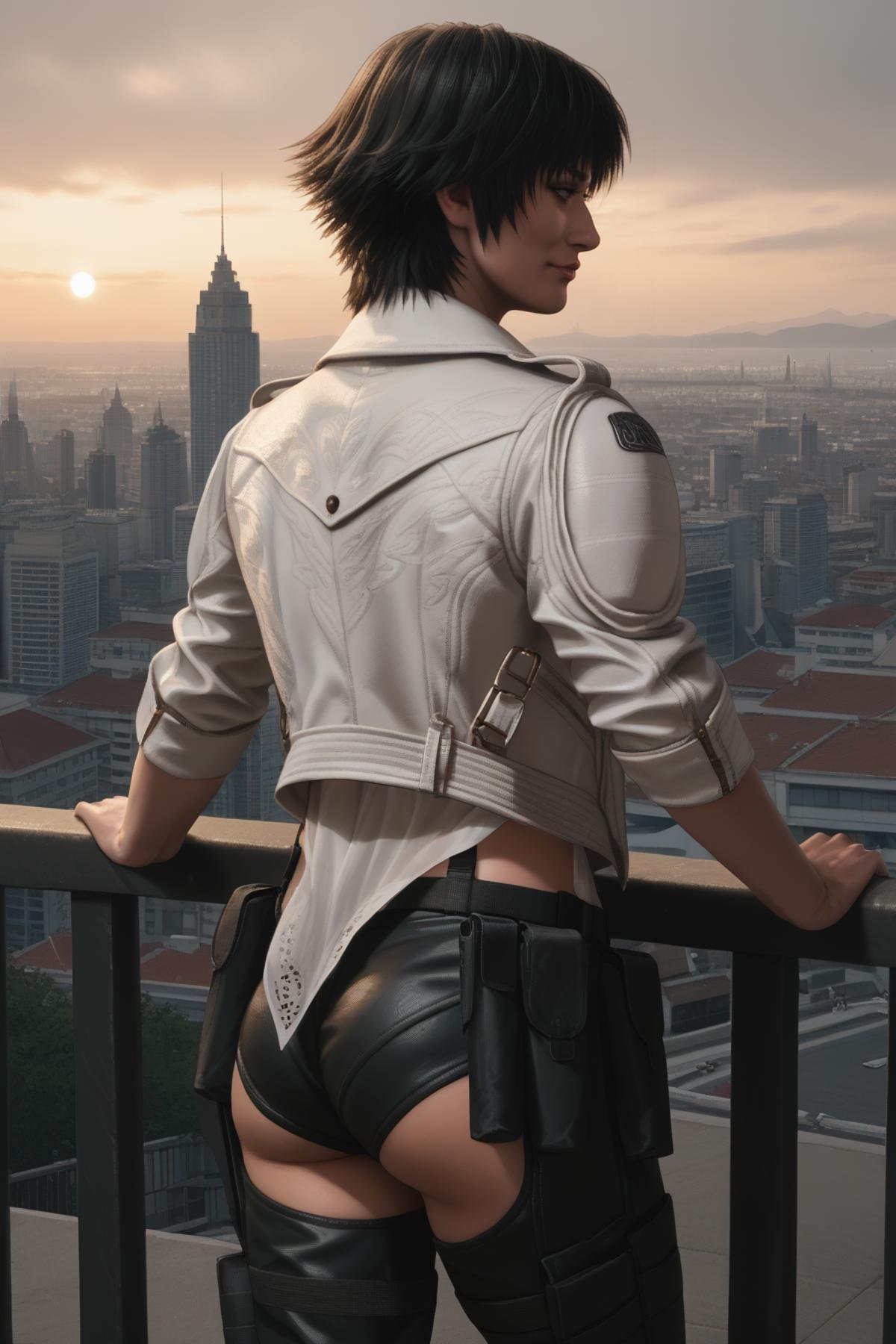 detailed realistic photo, score_9, score_8_up, score_7_up, score_6_up, score_5_up, score_4_up, <lora:LadyDMC5Screens_t3-000013-128:1.0> 1girl, DMCLady, short hair, black hair, heterochromia, dynamic angle, white jacket, belt pouch, chaps, black shorts, seductive pose, smirk, from behind, ass, leaning on railing, mature, city park, darkness, moody lighting, backlit, rim lighting, sunrise, balcony