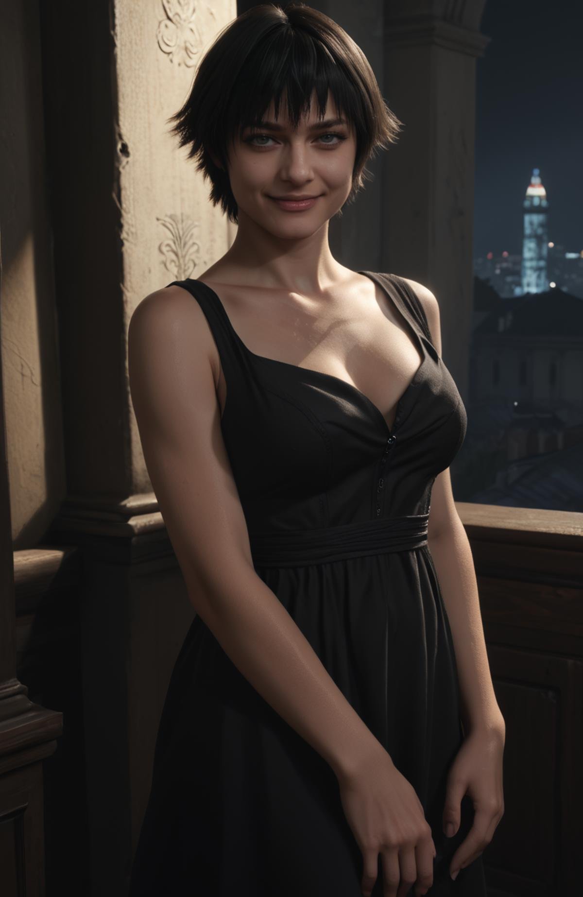 detailed realistic photo, score_9, score_8_up, score_7_up, score_6_up, score_5_up, score_4_up, <lora:LadyDMC5Screens_t3-000013-128:1.0> 1girl, DMCLady, short black hair, heterochromia, dynamic angle, black dress, smile, large breasts, mansion, darkness, moody lighting, backlit, rim lighting, city, at night