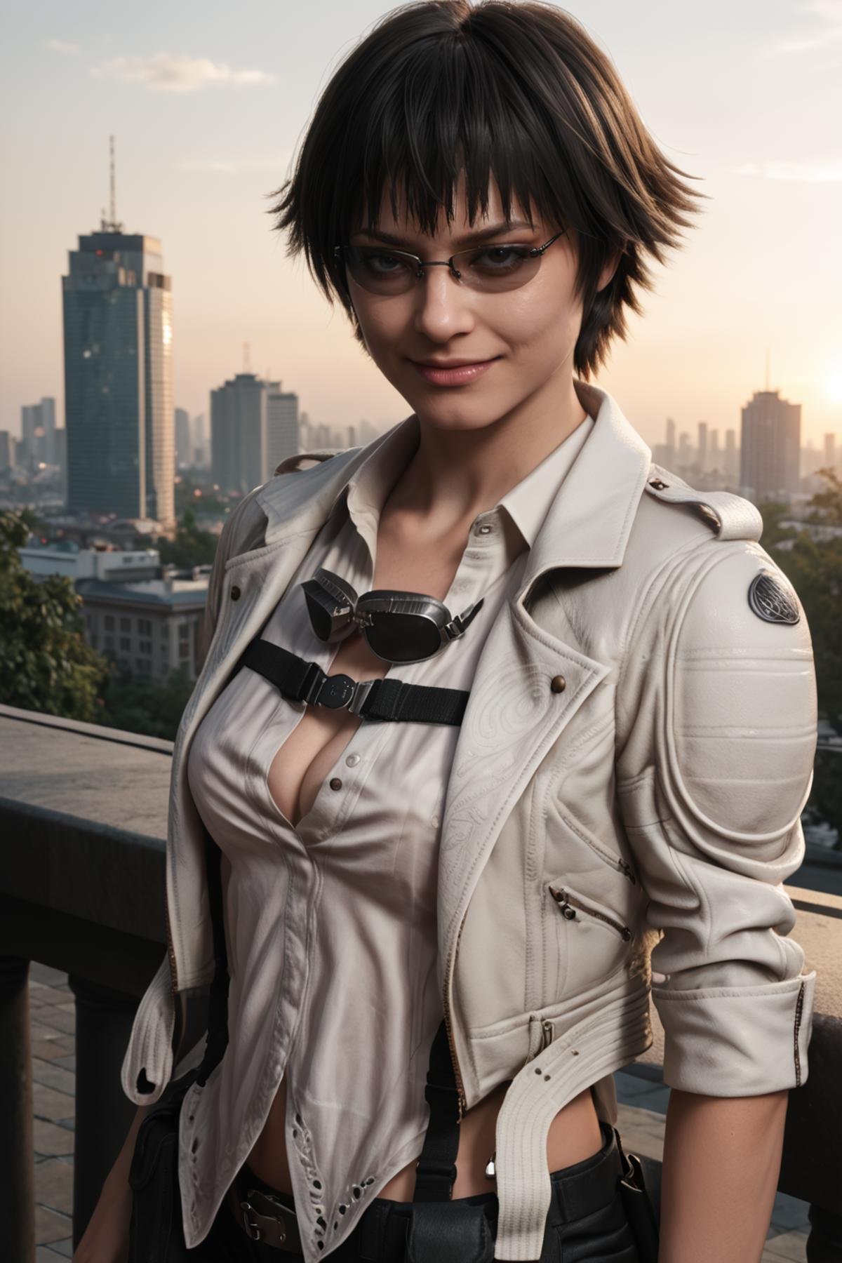 detailed realistic photo, score_9, score_8_up, score_7_up, score_6_up, score_5_up, score_4_up, <lora:LadyDMC5Screens_t3-000013-128:1.0> 1girl, DMCLady, short hair, black hair, heterochromia, dynamic angle, white jacket, belt pouch, chaps, black shorts, seductive pose, smirk, goggles around neck, shirt, sunglasses, cleavage, large breasts, city park, darkness, moody lighting, backlit, rim lighting, sunrise, balcony