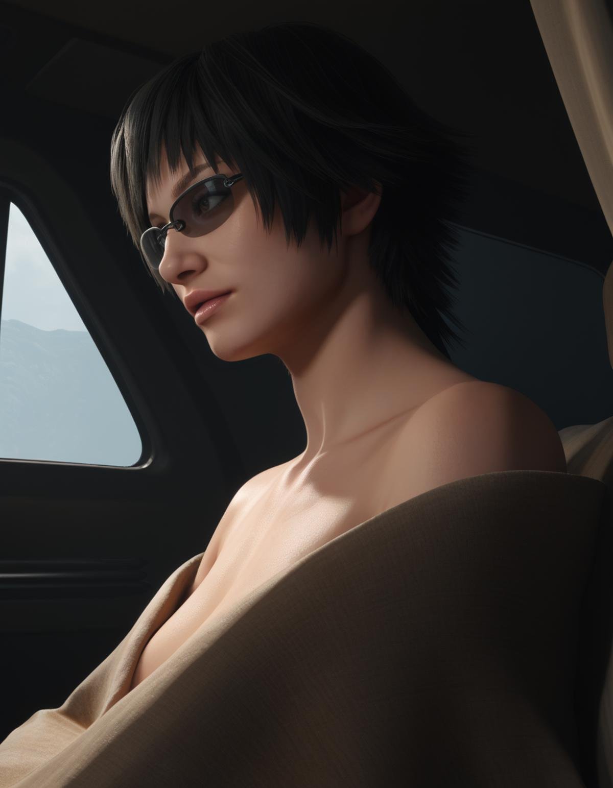 detailed realistic photo, score_9, score_8_up, score_7_up, score_6_up, score_5_up, score_4_up, <lora:LadyDMC5Screens_t3-000013-128:1.0> 1girl, DMCLady, short black hair, heterochromia, wearing a blanket, sunglasses, close-up, dynamic angle, nude, from below, from side, in a van, darkness, moody lighting