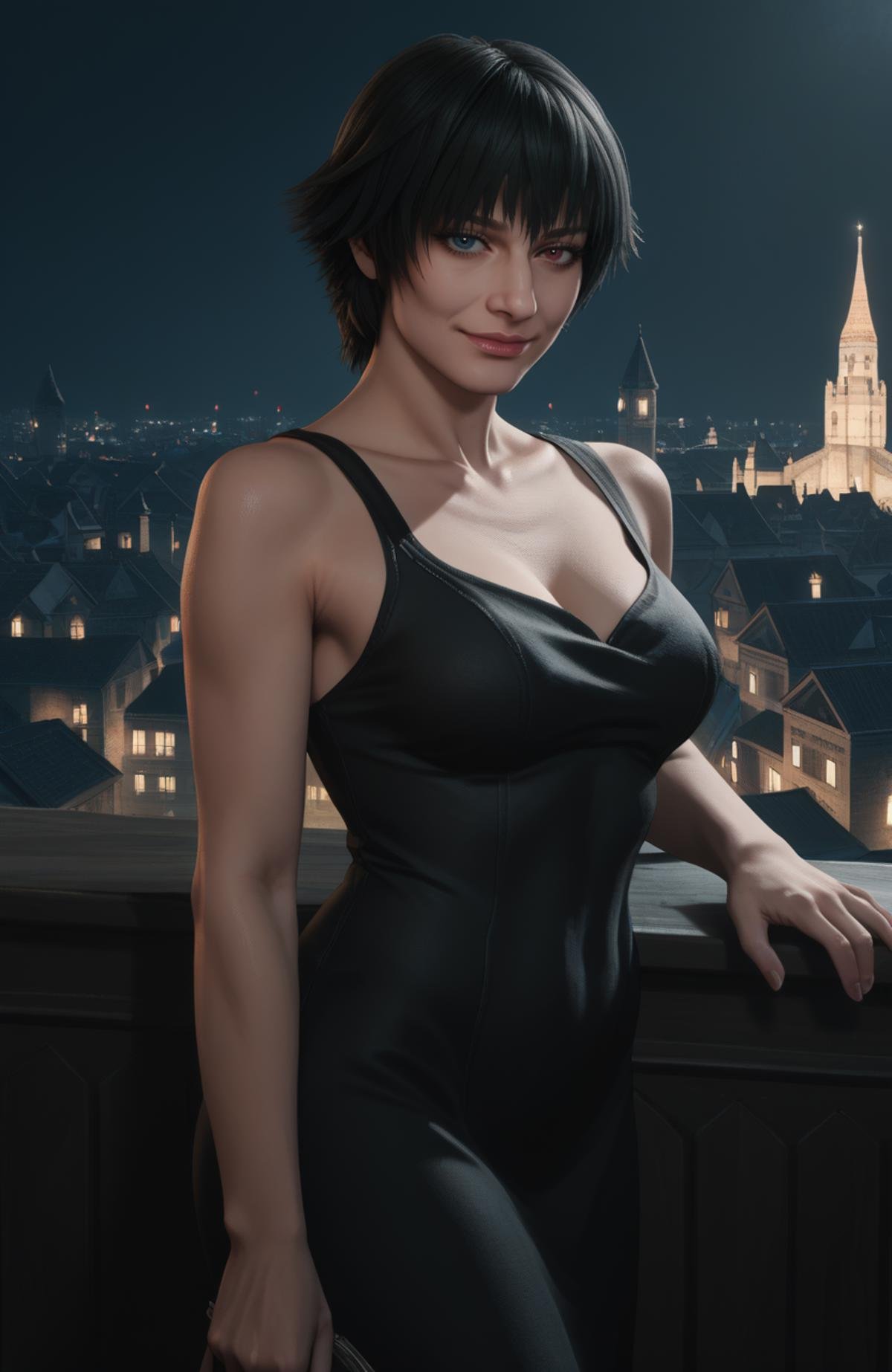 detailed realistic photo, score_9, score_8_up, score_7_up, score_6_up, score_5_up, score_4_up, <lora:LadyDMC5Screens_t3-000013-128:1.0> 1girl, DMCLady, short black hair, heterochromia, dynamic angle, black dress, smile, large breasts, mature, mansion, darkness, moody lighting, backlit, rim lighting, city, at night