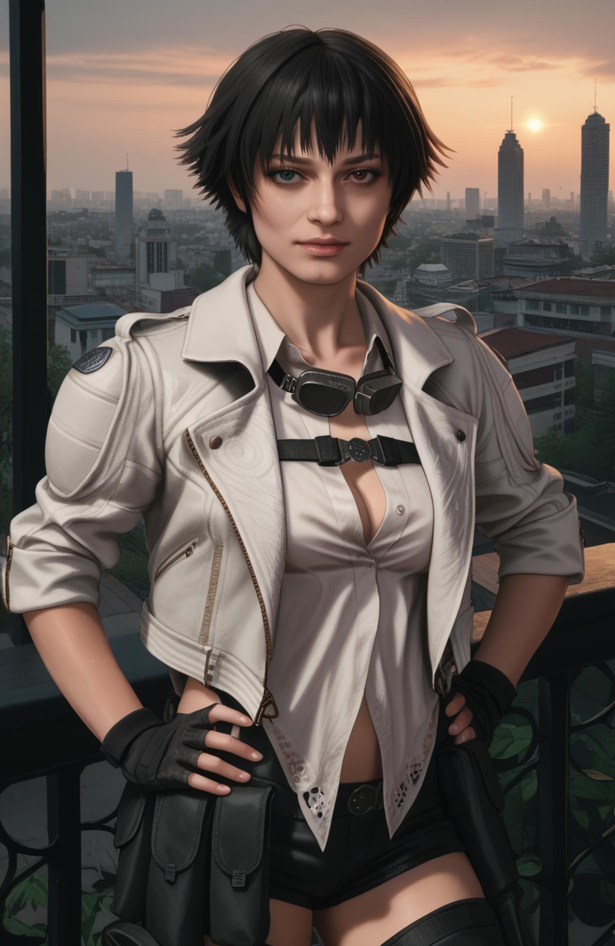 detailed realistic photo, score_9, score_8_up, score_7_up, score_6_up, score_5_up, score_4_up, <lora:LadyDMC5Screens_t3-000013-128:1.0> 1girl, DMCLady, short hair, black hair, heterochromia, dynamic angle, white jacket, belt pouch, chaps, black shorts, hands on hips, goggles around neck, shirt, cleavage, large breasts, fingerless gloves, mature, city park, darkness, moody lighting, backlit, rim lighting, sunrise, balcony, vista, great view