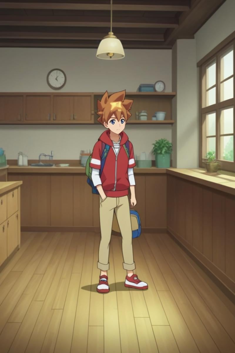 score_9, score_8_up, score_7_up, score_6_up, masterpiece, best quality, amazing quality, best aesthetic, absurdres, intricate details,ace, brown hair, blue eyes, red hoodie, star (symbol), two-tone hair, 1boy, male focus, bag, solo, indoors, spiked hair, pants, jacket, backpack, shoes, wooden floor, lamp, brown pants, white shirt<lora:EMS-466809-EMS:1.000000>