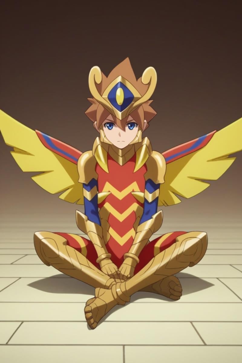 score_9, score_8_up, score_7_up, score_6_up, masterpiece, best quality, amazing quality, best aesthetic, absurdres, intricate details,ace_brave, brown hair, blue eyes, red armored bodysuit, gold armor, 1boy, male focus, solo, sitting, gloves, boots, wings<lora:EMS-466809-EMS:1.000000>