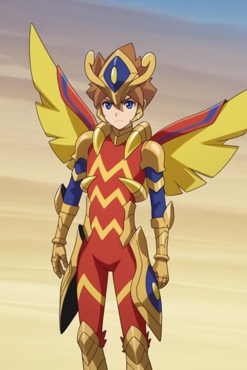 score_9, score_8_up, score_7_up, score_6_up, masterpiece, best quality, amazing quality, best aesthetic, absurdres, intricate details,ace_brave, brown hair, blue eyes, red armored bodysuit, gold armor, 1boy, male focus, solo, wings, looking at viewer, parody, helmet, closed mouth, bodysuit, gloves<lora:EMS-466809-EMS:1.000000>