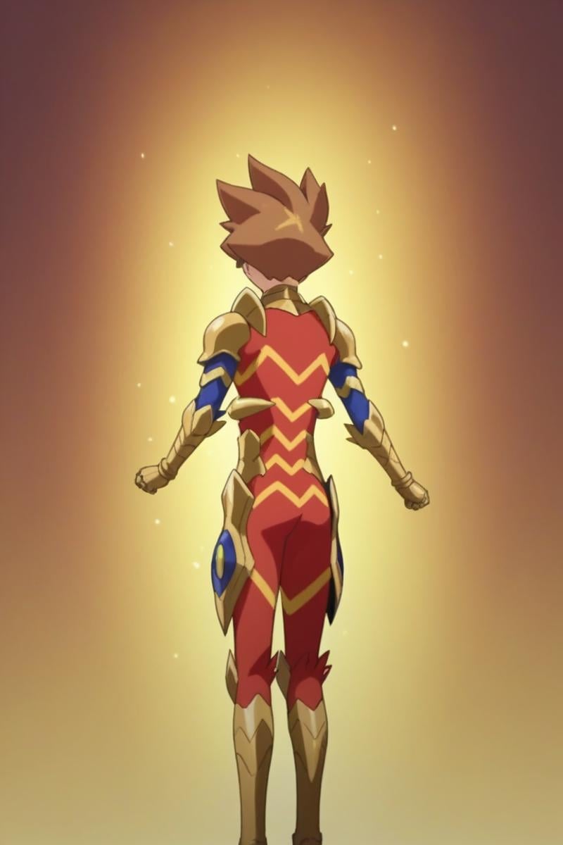 score_9, score_8_up, score_7_up, score_6_up, masterpiece, best quality, amazing quality, best aesthetic, absurdres, intricate details,ace_brave, brown hair, blue eyes, red armored bodysuit, gold armor, 1boy, solo, male focus, from behind, spiked hair, upper body, clenched hand, shoulder armor, gauntlets, parody<lora:EMS-466809-EMS:1.000000>