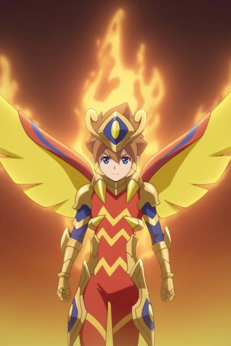 score_9, score_8_up, score_7_up, score_6_up, masterpiece, best quality, amazing quality, best aesthetic, absurdres, intricate details,ace_brave, brown hair, blue eyes, red armored bodysuit, gold armor, 1boy, male focus, solo, wings, fire, parody, looking at viewer, upper body<lora:EMS-466809-EMS:1.000000>