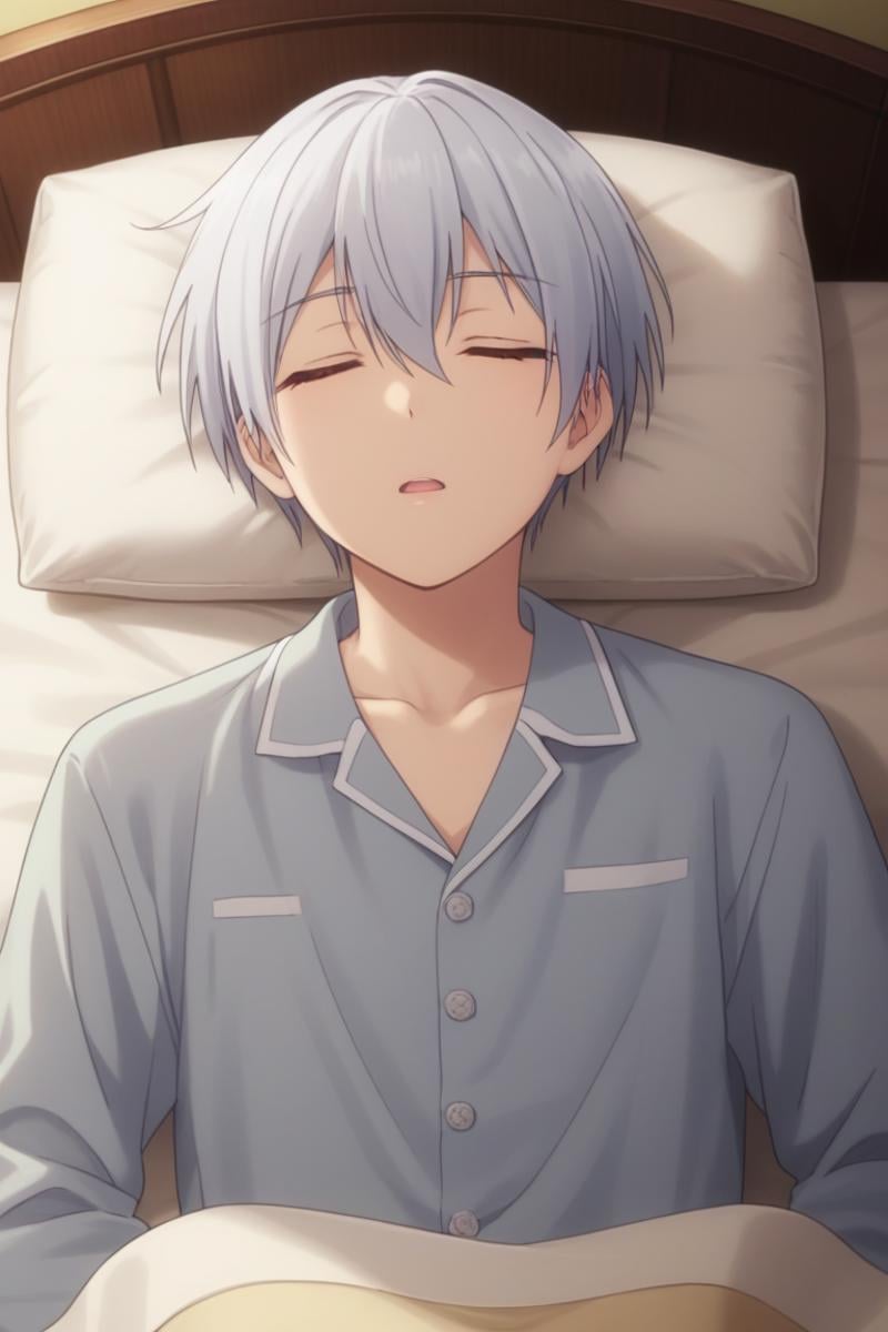 score_9, score_8_up, score_7_up, score_6_up, masterpiece, best quality, amazing quality, best aesthetic, absurdres, intricate details,alto goldfield, silver hair, yellow eyes, 1boy, male focus, sleeping, solo, pillow, closed eyes, pajamas, lying, on back, short hair, collarbone, under covers, open mouth, indoors, long sleeves, parted lips, upper body<lora:EMS-466806-EMS:1.000000>