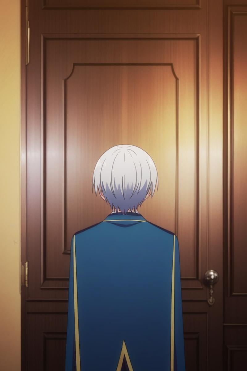 score_9, score_8_up, score_7_up, score_6_up, masterpiece, best quality, amazing quality, best aesthetic, absurdres, intricate details,alto goldfield, silver hair, yellow eyes, 1boy, male focus, from behind, solo, door, indoors, short hair, blue coat, facing away, long sleeves, blue jacket<lora:EMS-466806-EMS:1.000000>