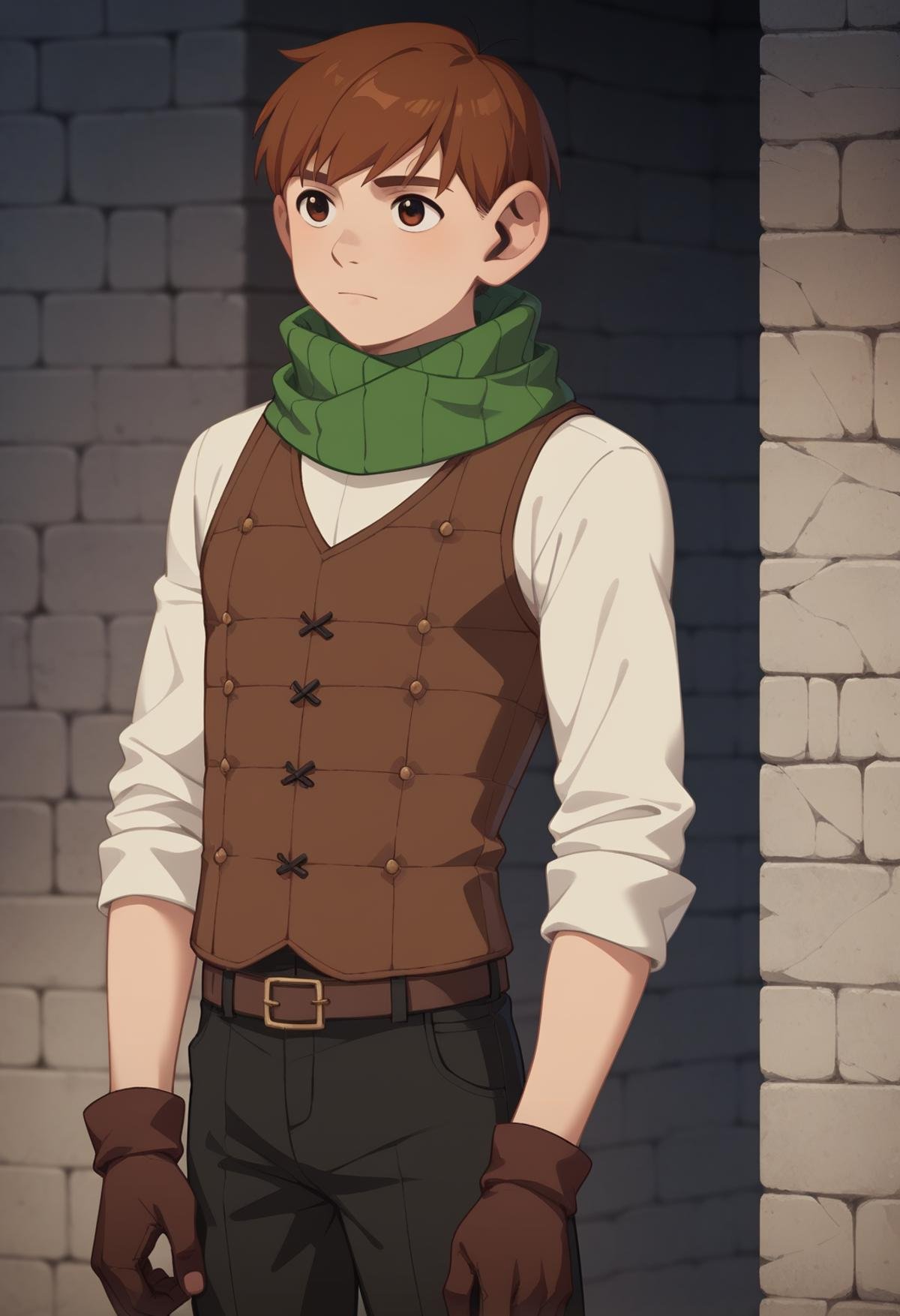 score_9, score_8_up, score_7_up, score_6_up, 1boy, ,chilchuck tims, brown hair, brown eyes, leather   gloves, green scarf, long sleeves, sleeves rolled up, brown vest, game cg, best quality, amazing quality, best aesthetic, absurdres, solo ,score_9_up, ,Butcha, score_5_up<lora:EMS-347366-EMS:1.000000>, <lora:EMS-294031-EMS:0.800000>