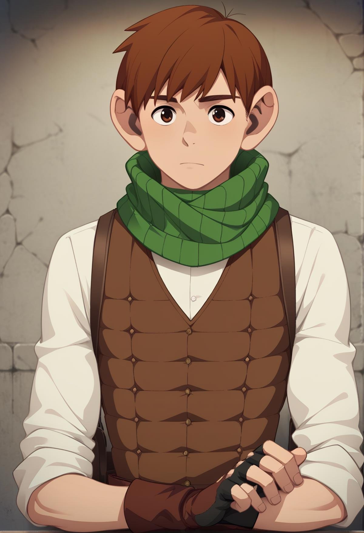 score_9, score_8_up, score_7_up, score_6_up, 1boy, ,chilchuck tims, brown hair, brown eyes, leather fingerless  gloves, green scarf, long sleeves, sleeves rolled up, brown vest, game cg, best quality, amazing quality, best aesthetic, absurdres, solo ,score_9_up, ,Butcha<lora:EMS-347366-EMS:1.000000>