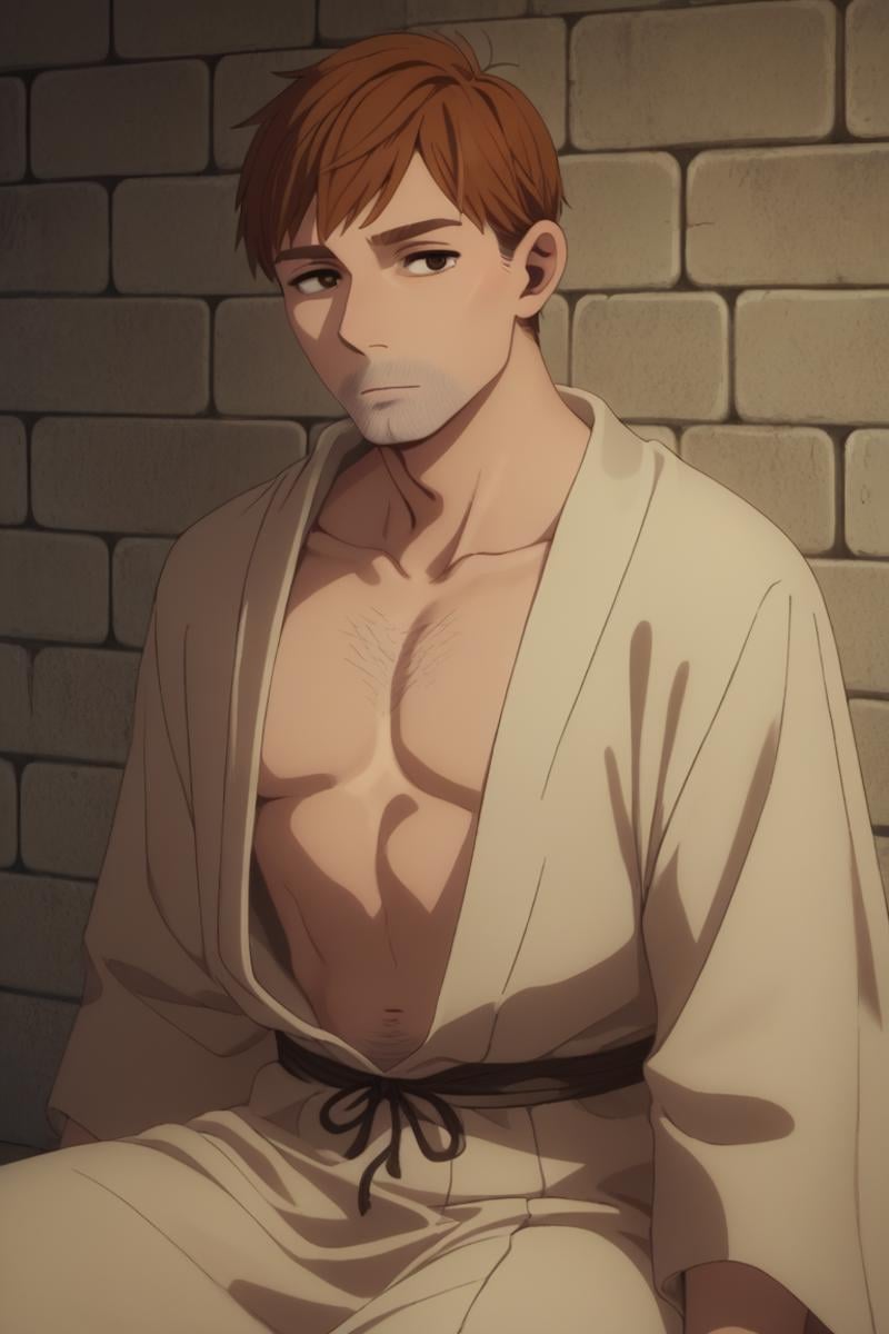 score_9, score_8_up, score_7_up, score_6_up, detailed, intricate details,cowboy shot,best quality ,source_anime, male focus,chilchuck_tall, brown hair, brown eyes, 1boy, male focus, solo, facial hair, robe, chest hair, brick wall, sitting, short hair, pectorals<lora:EMS-411796-EMS:1.000000>