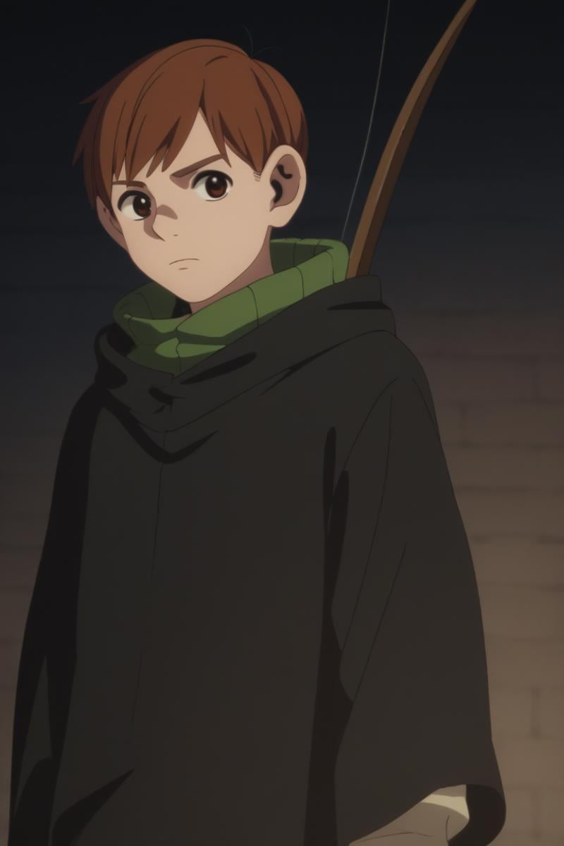 score_9, score_8_up, score_7_up, score_6_up, detailed, intricate details,cowboy shot,best quality ,source_anime, male focus,chilchuck tims, brown hair, brown eyes, 1boy, male focus, solo, bow (weapon), weapon, arrow (projectile), parody, cloak, anime coloring, upper body, black sweater<lora:EMS-411796-EMS:1.000000>