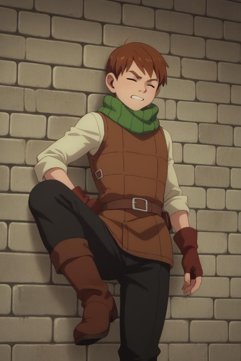 score_9, score_8_up, score_7_up, score_6_up, detailed, intricate details,cowboy shot,best quality ,source_anime, male focus,chilchuck tims, brown hair, brown eyes, 1boy, male focus, gloves, solo, fingerless gloves, boots, closed eyes, clenched teeth, scarf, kicking, brick wall, teeth, green scarf, against wall, leg up, vest, belt, parody<lora:EMS-411796-EMS:1.000000>