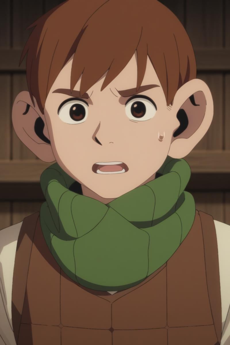 score_9, score_8_up, score_7_up, score_6_up, detailed, intricate details,cowboy shot,best quality ,source_anime, male focus,chilchuck tims, brown hair, brown eyes, 1boy, male focus, solo, sweatdrop, open mouth, green scarf, thick eyebrows, upper body, teeth, scarf, turtleneck, looking up, vest, short hair, sweat<lora:EMS-411796-EMS:1.000000>