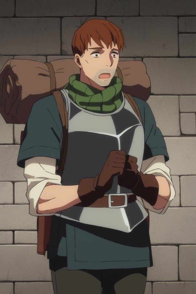 score_9, score_8_up, score_7_up, score_6_up, detailed, intricate details,cowboy shot,best quality ,source_anime, male focus,chilchuck_tall, brown hair, brown eyes, 1boy, male focus, solo, facial hair, armor, bag, stubble, meme, backpack, gloves, brown gloves, short hair, breastplate, belt, brick wall, beard, pants, cowboy shot, open mouth, green scarf<lora:EMS-411796-EMS:1.000000>