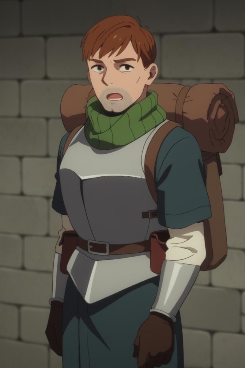 score_9, score_8_up, score_7_up, score_6_up, detailed, intricate details,cowboy shot,best quality ,source_anime, male focus,chilchuck_tall, brown hair, brown eyes, 1boy, male focus, solo, facial hair, armor, bag, stubble, meme, backpack, gloves, brown gloves, short hair, breastplate, belt, brick wall, beard, pants, cowboy shot, open mouth, green scarf<lora:EMS-411796-EMS:1.000000>