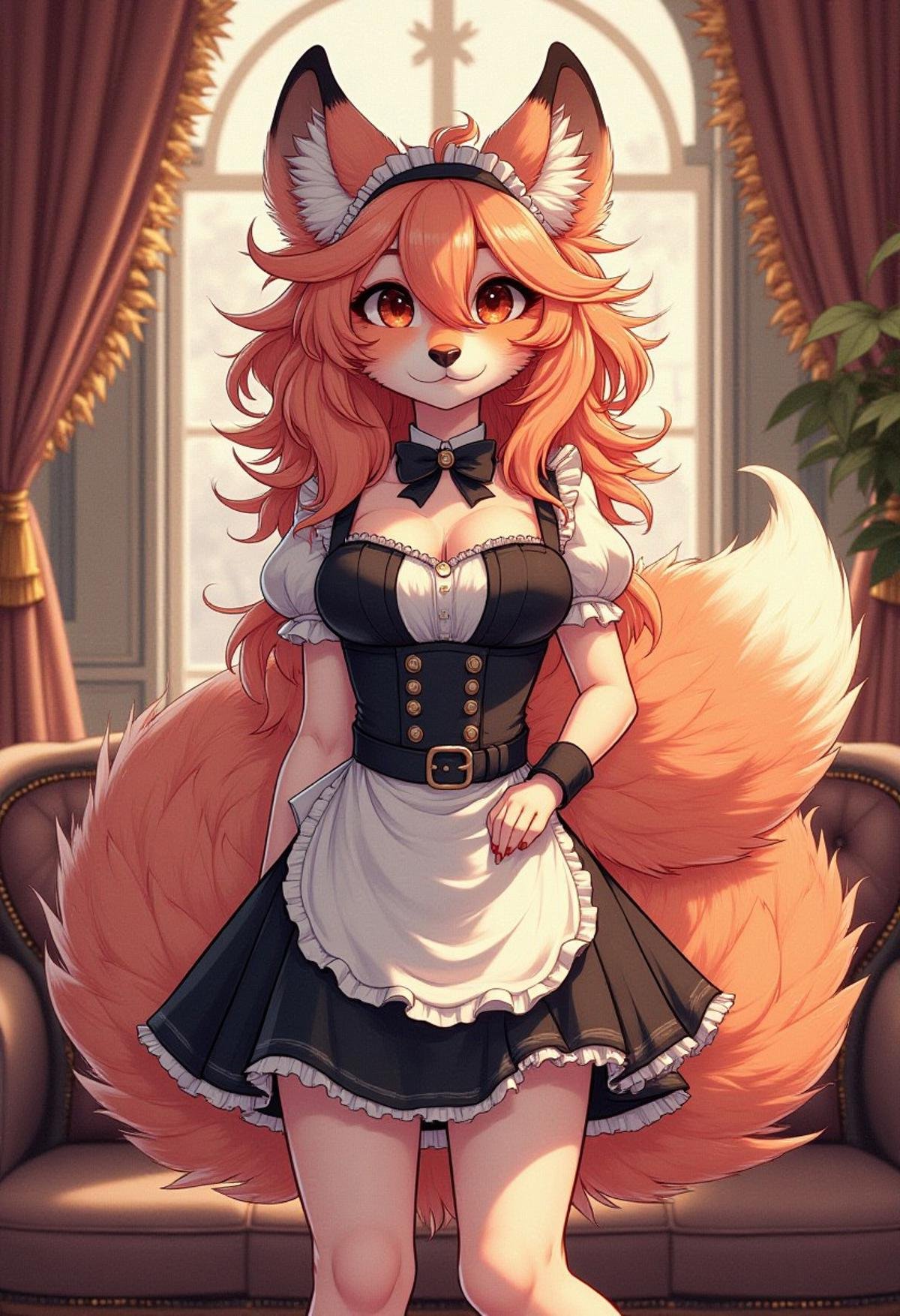 award winning beautiful portrait commission of a female furry anthro red fox fursona with a fluffy tail and a cute beautiful attractive detailed furry face wearing a maid outfit in a luxury mansion. Character design by charlie bowater, ross tran, artgerm, and makoto shinkai, detailed, inked, western comic book art, Fluxxy, Fluffy, Furry