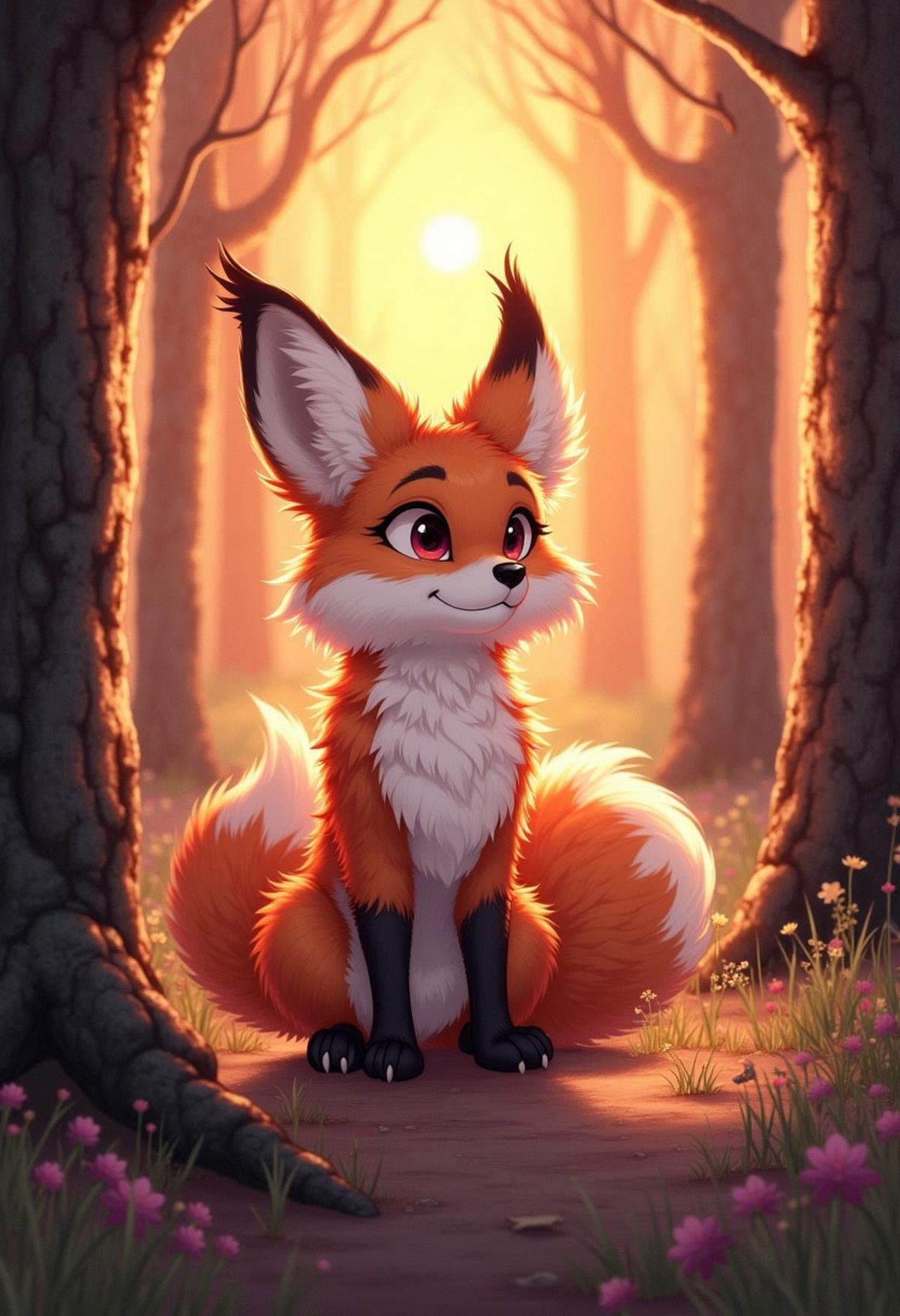 illutration of a Fluxxy, Fluffy, furry fox in the woods by sunset.