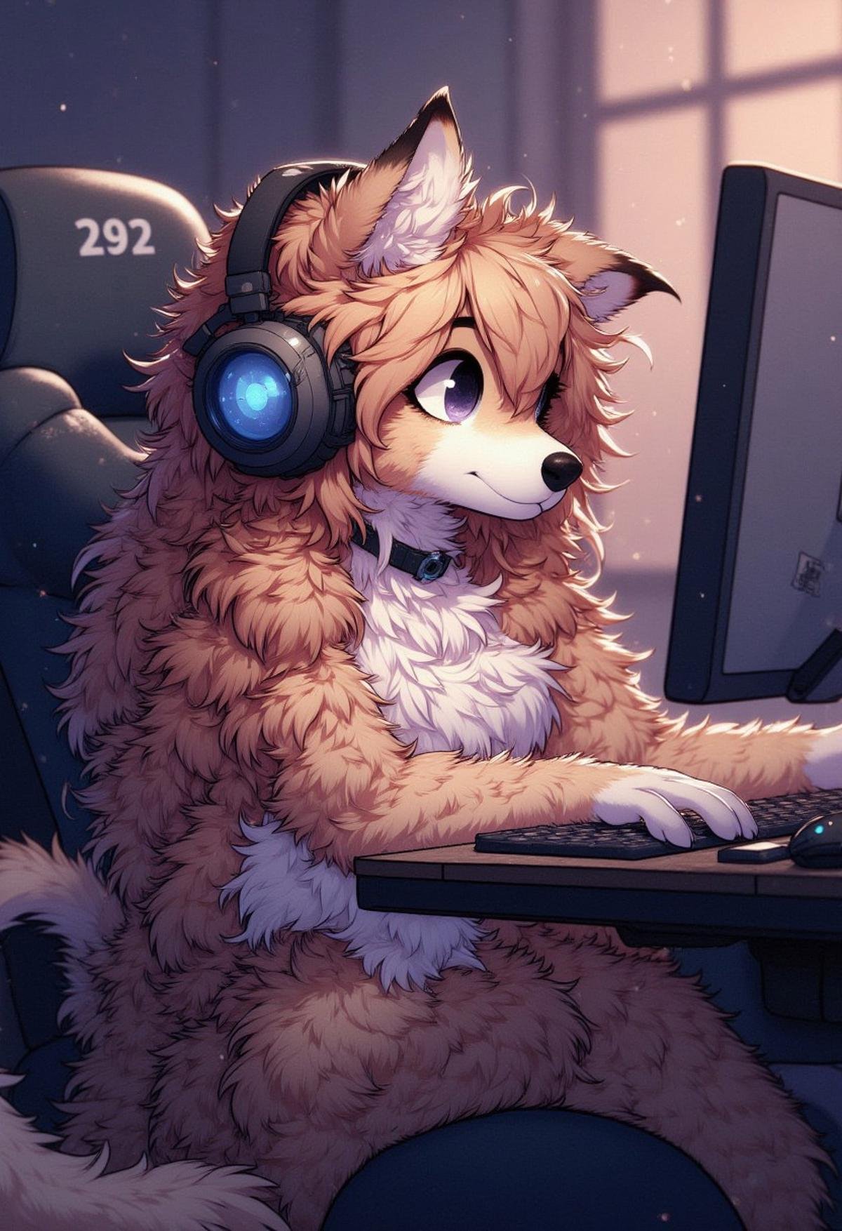 Fluxxy, Fluffy, anthro, furry, a female golden retriever fursona sit on gaming chair in her gaming room. she's looking at her screen computer wearing a gaming headset. illustration from e621.net