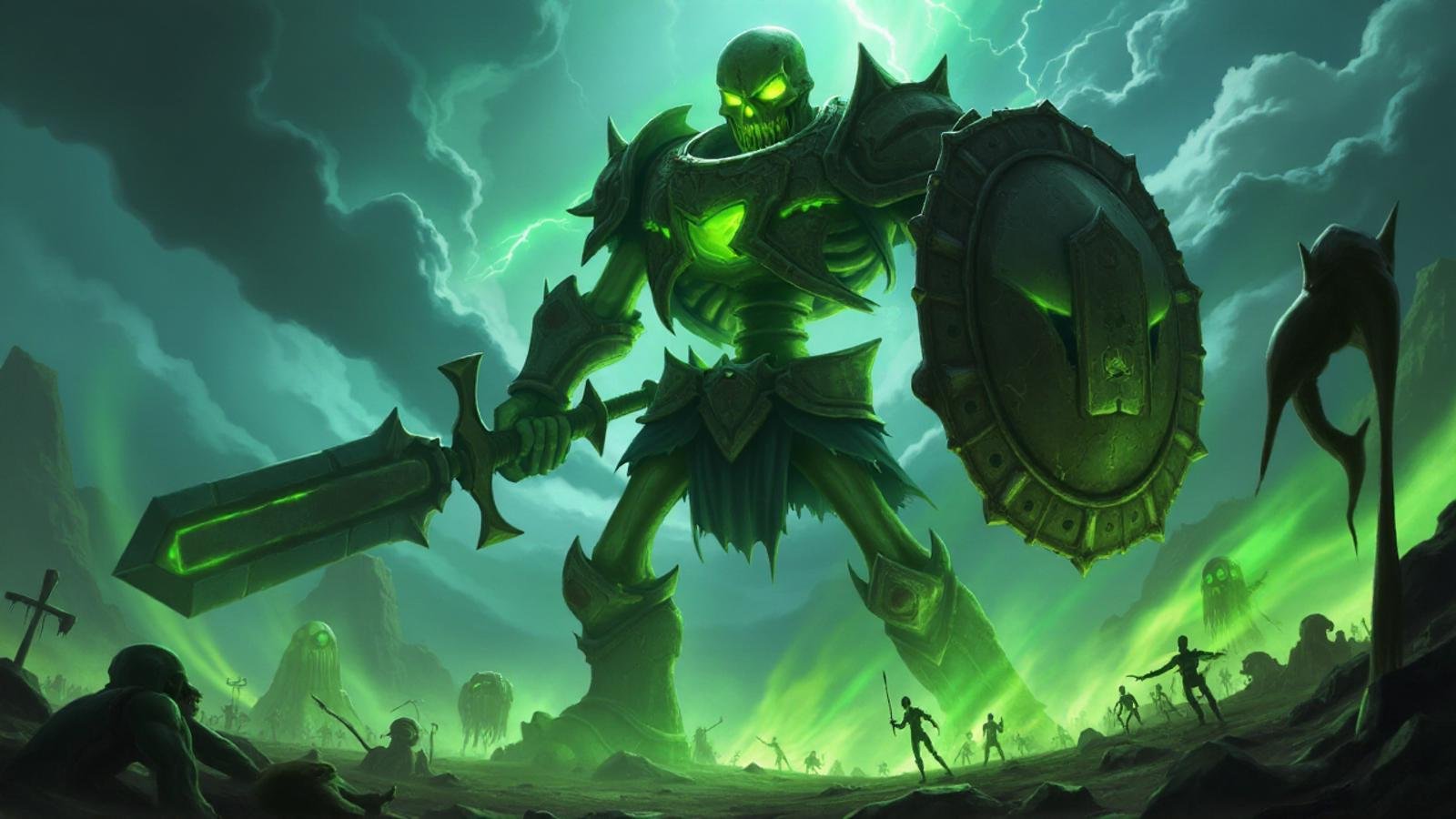 illustration in lolsart style, A colossal skeleton warrior towers over a battlefield, its bones weathered and ancient, glowing with eerie green fire in the eye sockets and ribcage, wielding a massive rusted sword and a shield made from a fallen titan's skull, tattered remnants of regal armor hanging from its frame, surrounded by an army of smaller skeletons rising from the ground, the sky dark and ominous with swirling storm clouds, lightning illuminating the giant's imposing silhouette <lora:lolsart:1.0>