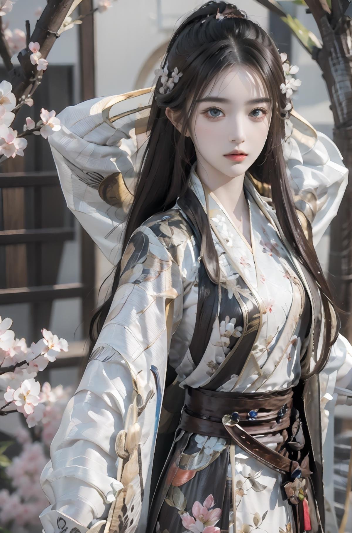 masterpiece,ultra detailed,photorealistic,1 girl,solo,<lora:9mix:0.8>,9mix,<lora:Kungfu outfit:0.7>,kungfu outfit,cherry blossoms,