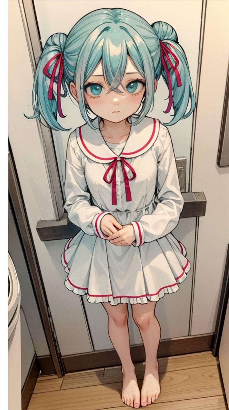 (masterpiece, best quality),ray tracing,absurdres, HDR,hatsune miku, aino, 1girl, solo, ribbon, hair ribbon, hair between eyes, looking at viewer, red ribbon, frills, blue eyes, bangs, hair bun, full body,, double bun, twintails, traditional media,, aqua eyes, frilled sleeves, , , shirt,dress,legs ,barefoot,standing<lora:miku_aino_v2:0.8>