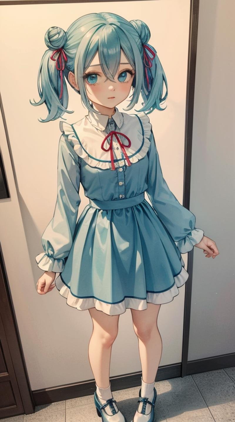 (masterpiece, best quality),ray tracing,absurdres, HDR,hatsune miku, aino, 1girl, solo, ribbon, hair ribbon, hair between eyes, looking at viewer, red ribbon, frills, blue eyes, bangs, hair bun, full body,, double bun, twintails, traditional media,, aqua eyes, frilled sleeves, , , shirt,dress,legs ,,standing,<lora:miku_aino_v2:0.8>